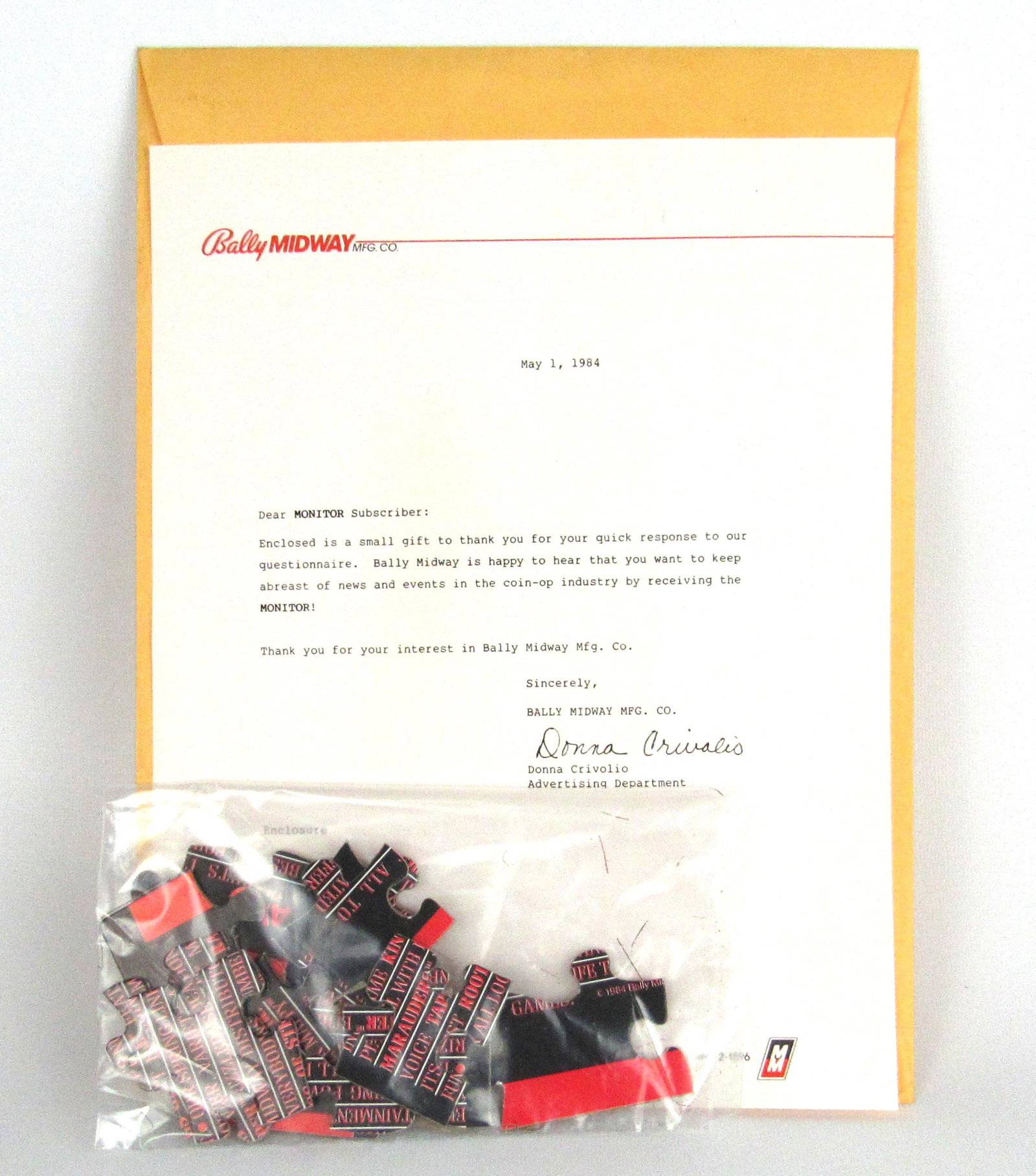 1984 Promo Letter from Bally Midway MFG with Puzzle: 1984 Promotional Letter from Bally Midway MFG Co. with Unopened Promo Puzzle for MONITOR Subscribers. 8" x 10".