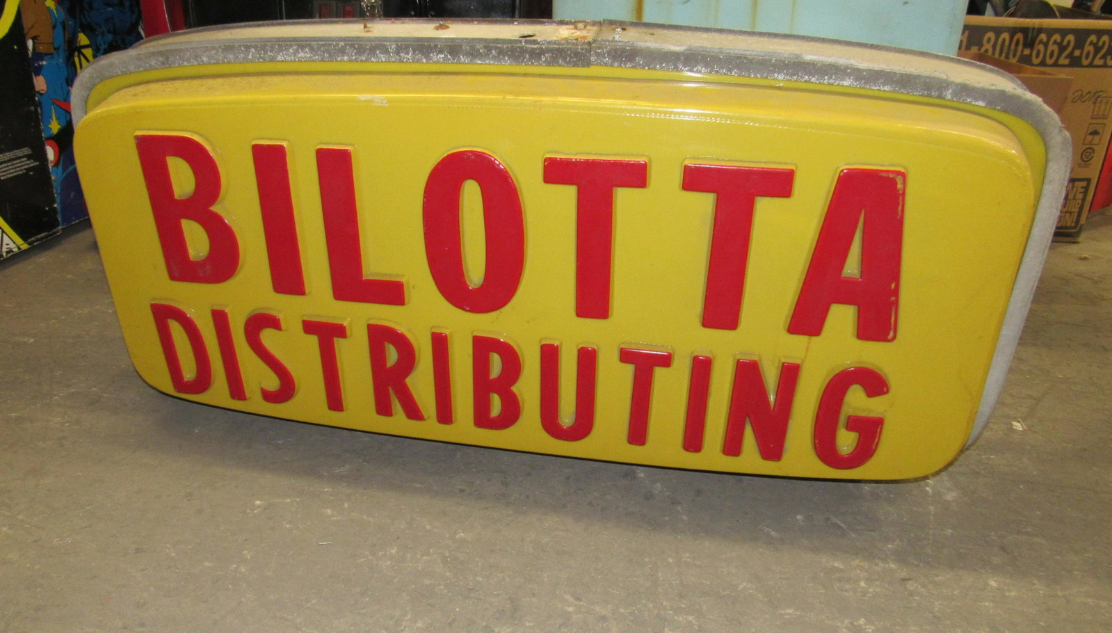 Bilotta Distributing /Billiard Equipment Sign: Bilotta Distributing /Billiard Equipment Sign. Old jukebox distributor sign from New York, double-sided. Dimensions: 24 x 52 x 13