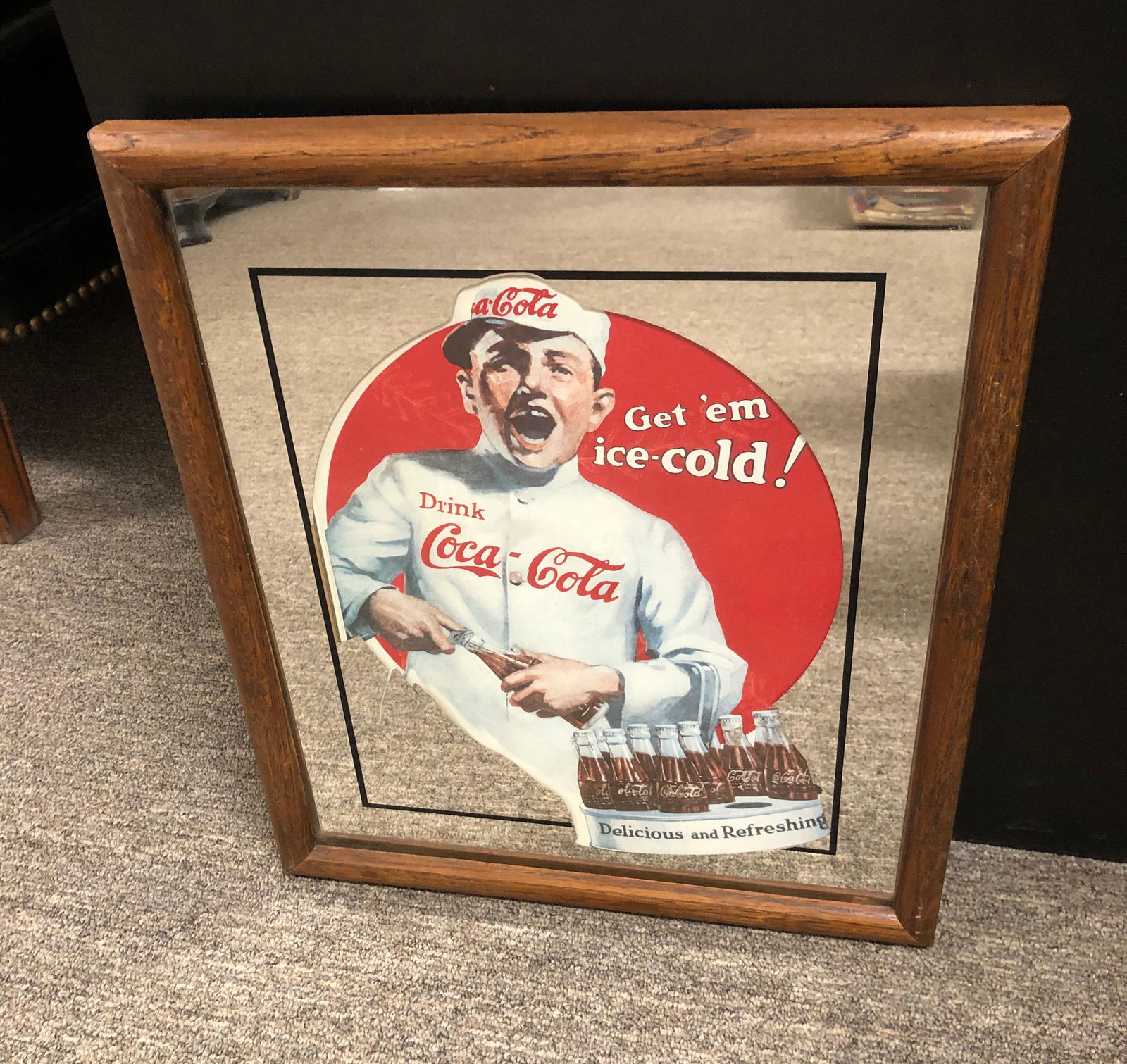 Coca Cola / Coke "Get 'em Ice Cold" Mirror: Coca Cola / Coke "Get 'em Ice Cold" Mirror. Dimensions: 15.25 x 13.25 x 1