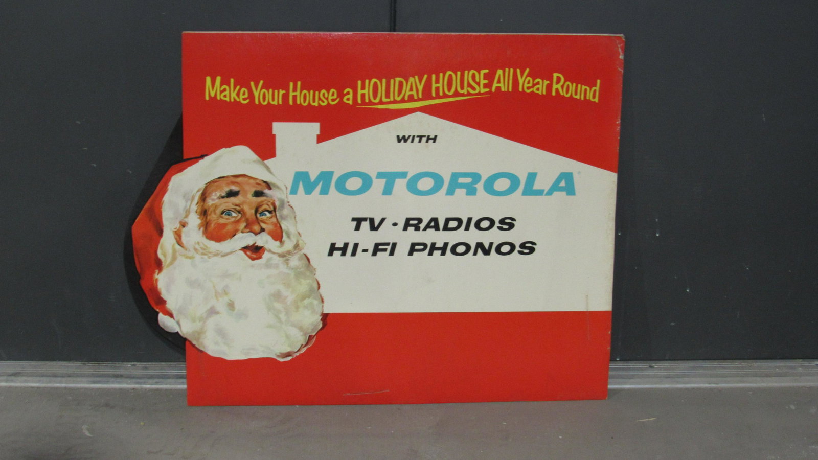 Motorola Cardboard Advertising Sign, Two-Sided: Cardboard Motorola - TVs, Radio, Hi-Fi Phonos- Advertising Sign, Two-Sided. Dimensions: 24 x 32