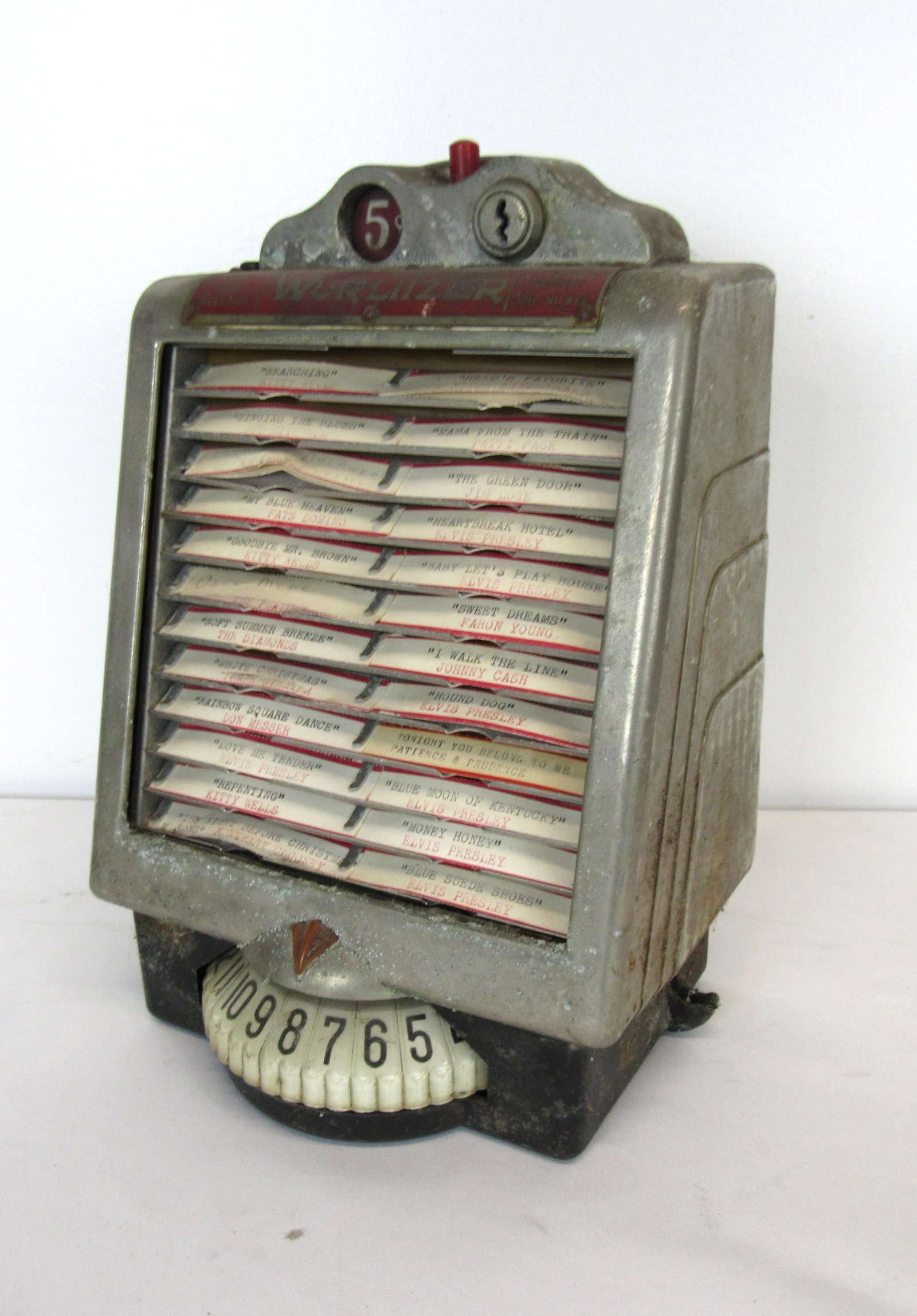 1940s Wurlitzer 5 Cent Coin Operated Wallbox: 1940s Wurlitzer 5 Cent Coin Operated Wallbox. Used with a 24 selection jukebox, no key. In-house shipping available. Dimensions: 10.5 x 7.5 x 5.5