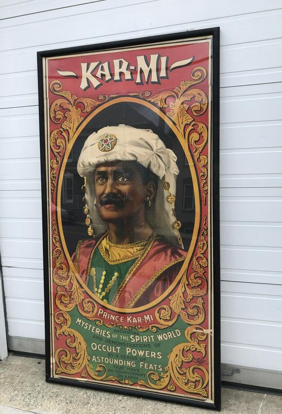 Original Karmi Framed Poster: Original Karmi Framed Poster. Some touch-up spots. Copyright 1918. This item requires third party shipping or pickup arrangements to be made. Dimensions: 79.5 x 42 x 2