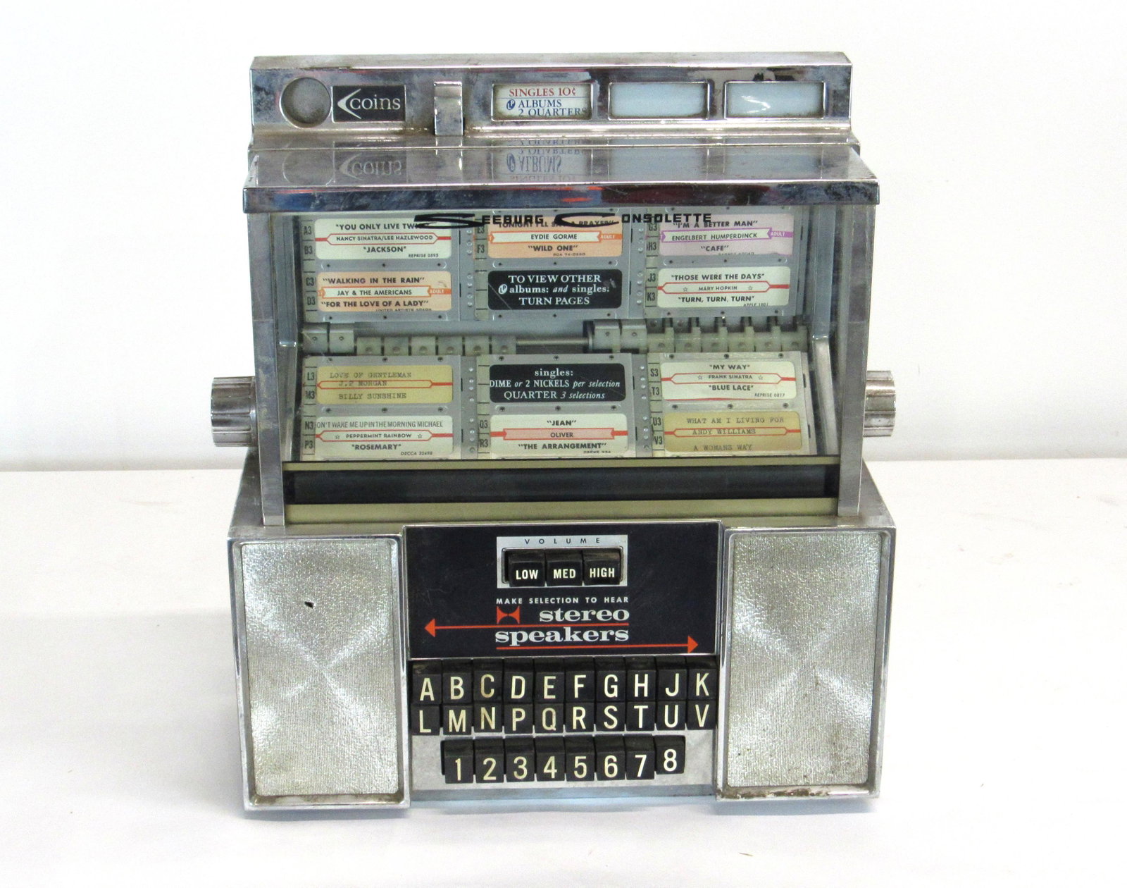 Seeburg Consolette Wallbox, Lot 1: Seeburg Consolette Wallbox, Lot 1. No key. Third party shipping or local pickup. This item requires third party shipping or pickup arrangements to be made. Dimensions: 15 x 15 x 7