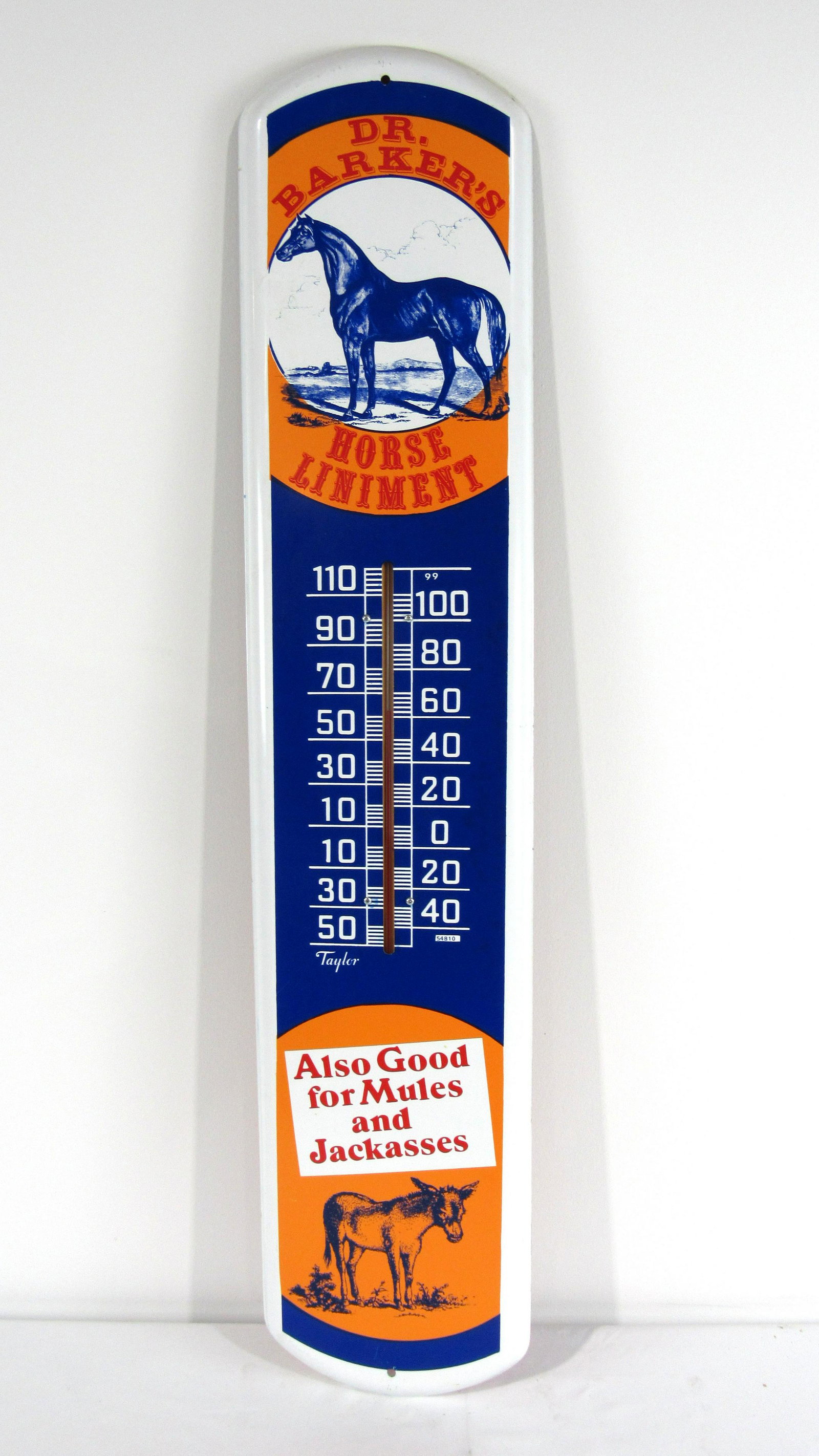 Dr. Barker's Horse Liniment Thermometer: Dr. Barker's Horse Liniment Thermometer, unmarked. This item requires third party shipping or pickup arrangements to be made. Dimensions: 38 x8.5 x 1