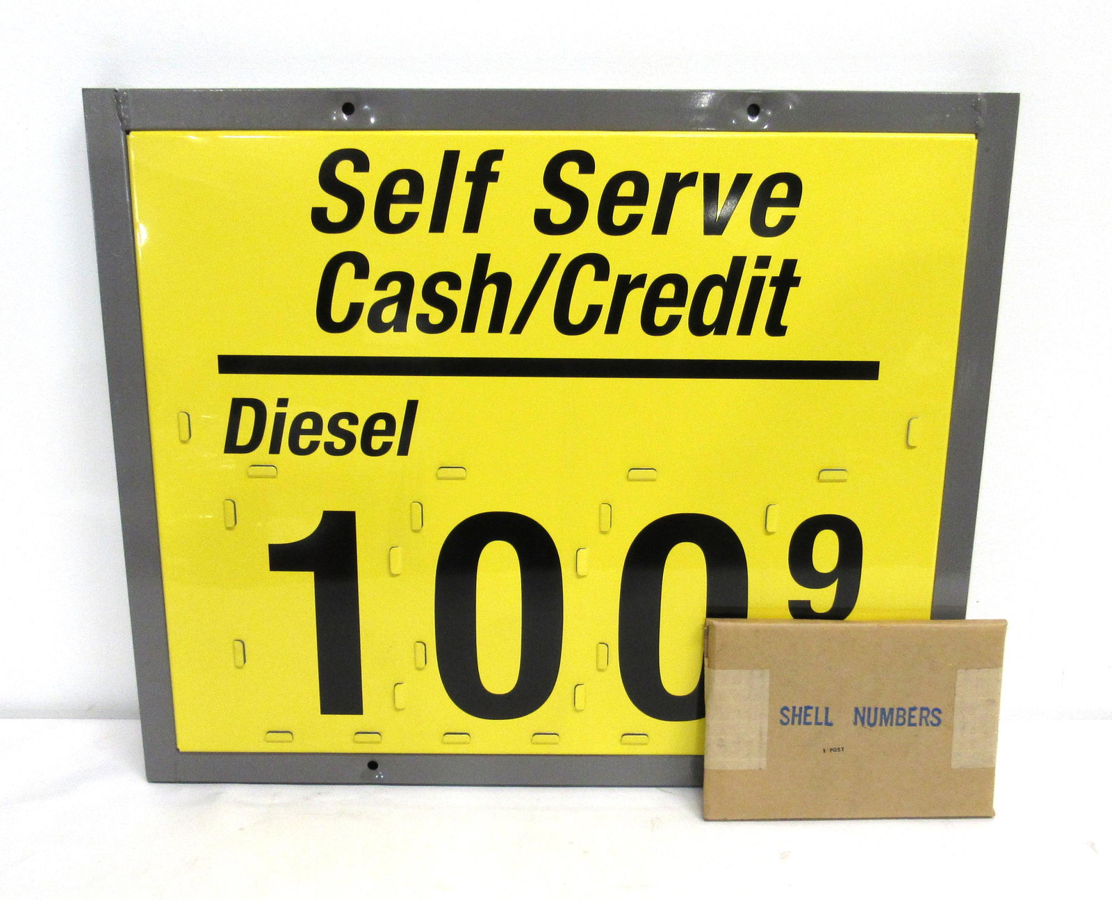 NOS Shell Gas Numbers Sign, 1 Row: New Old Stock Shell Gas Numbers Sign, 1 Row. Numbers included. In-house shipping available. Dimensions:19 x 23 x 2