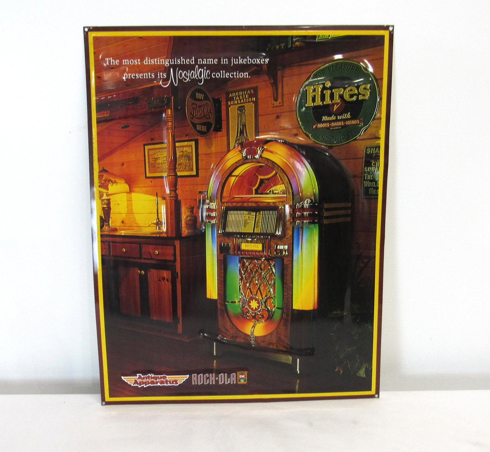 Antique Apparatus Jukebox Embossed Metal Advertising: Antique Apparatus Jukebox Embossed Metal Advertising Sign. In-house shipping available. Dimensions: 22 x 17