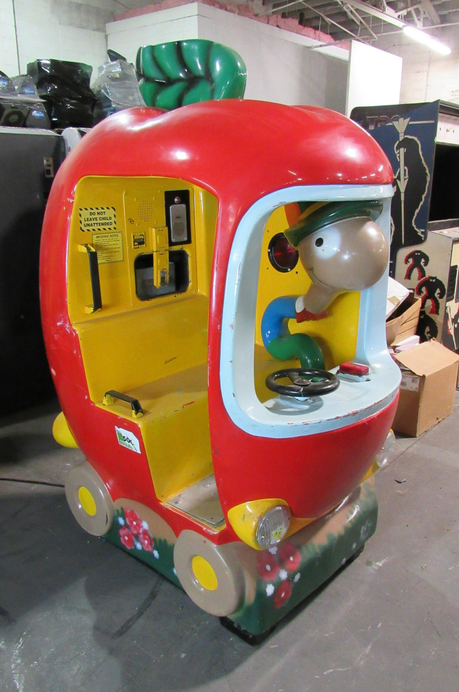 Richard Scary Red Apple Coin Operated Kiddie Ride: Richard Scary Red Apple Coin Operated Kiddie Ride. Working but no sound, missing coin door. This item requires third party shipping or pickup arrangements to be made. Dimensions: 69 x 48 x 34