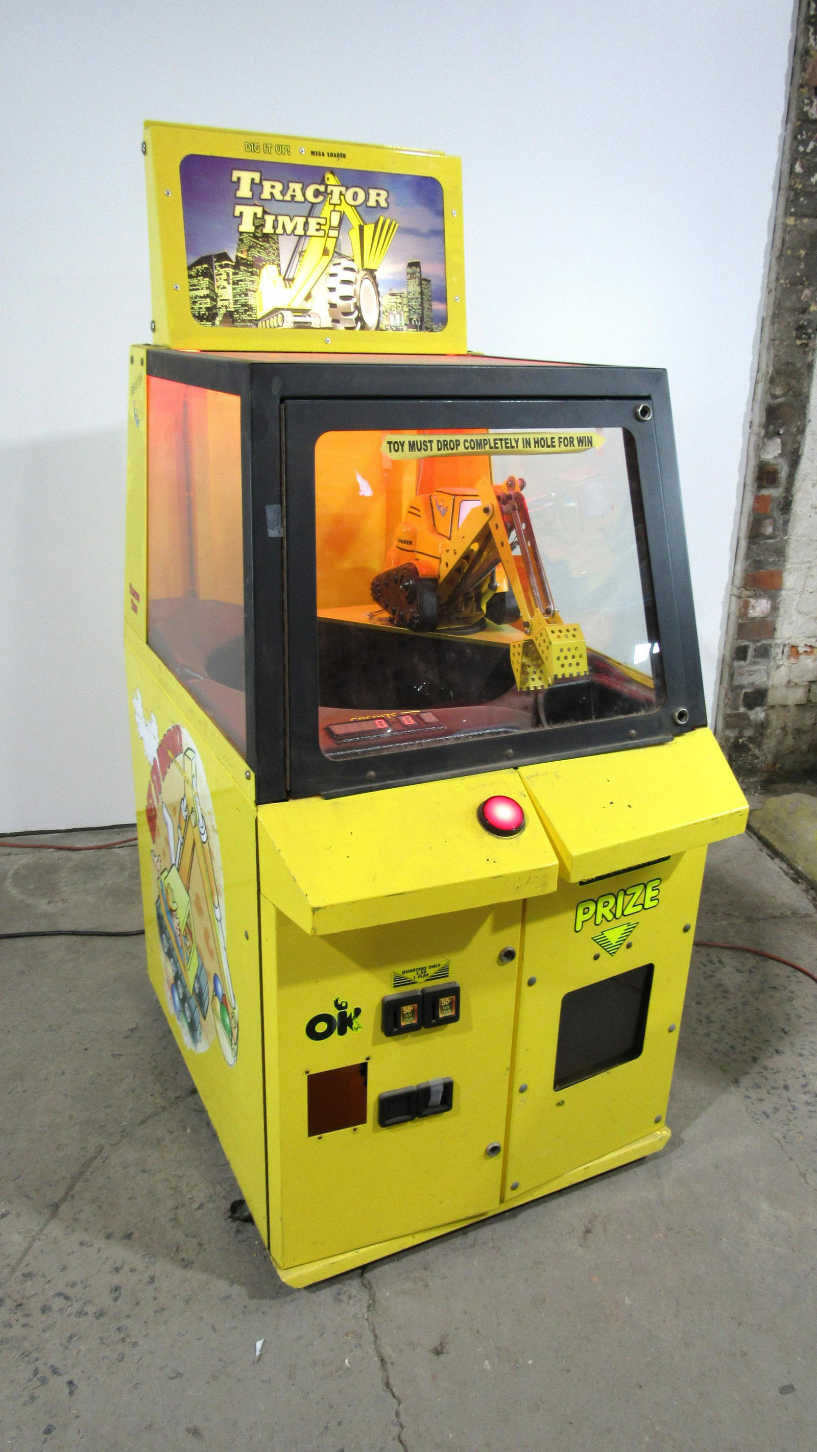 Tractor Time Redemption Arcade Game: Tractor Time Redemption Arcade Game, working. No locks or bill acceptor. This item requires third party shipping or pickup arrangements to be made. Dimensions: 65 x 29 x 36