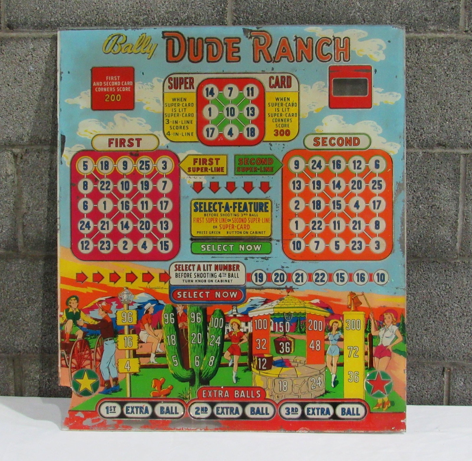 Bally Dude Ranch Bingo Pinball Backglass: Bally Dude Ranch Bingo Pinball Backglass. For decoration, flaking and large chip left corner. Local Pickup Only. Dimensions: 28 x 24