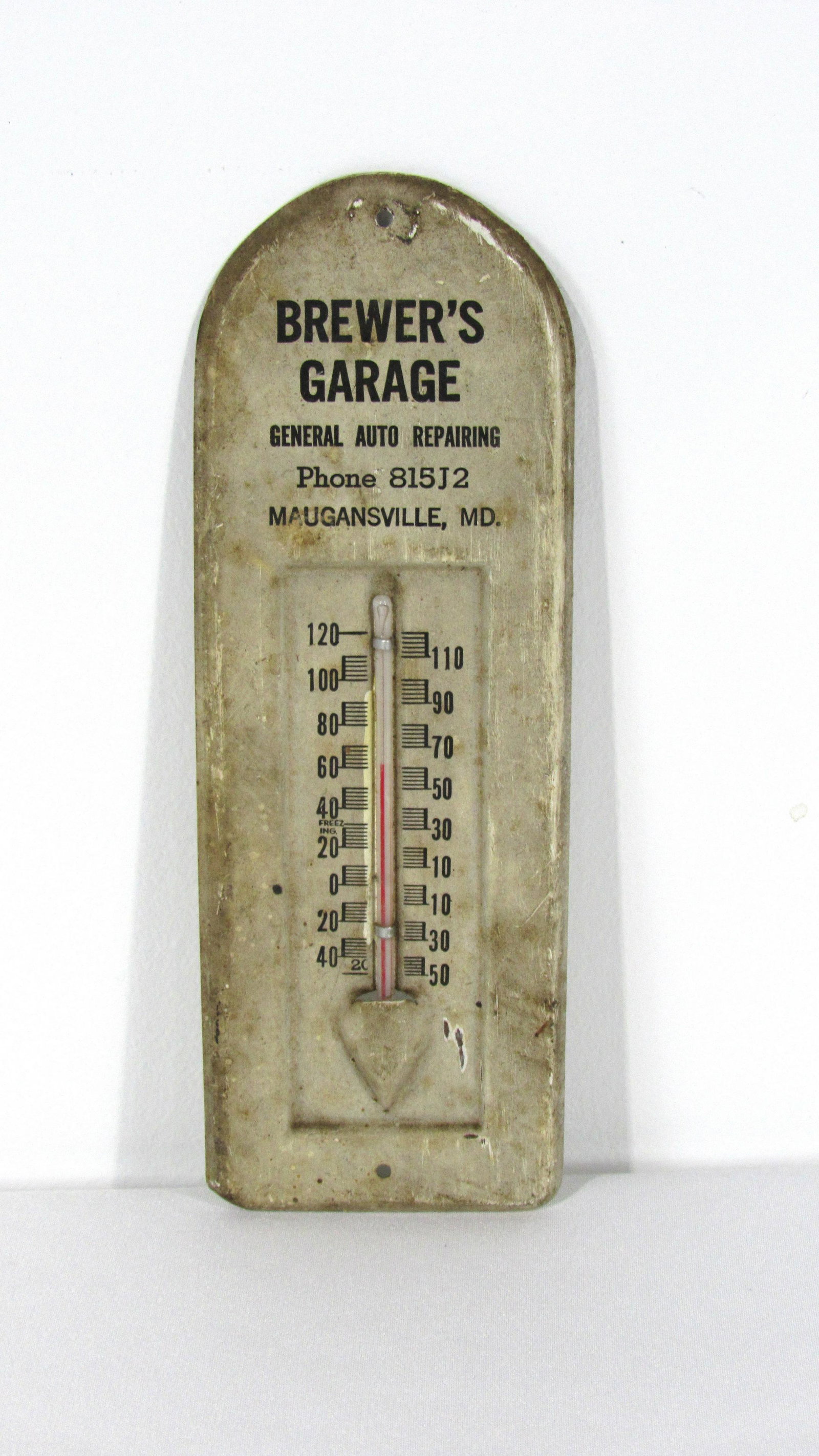 Brewers Garage General Auto Repairing Thermometer: Brewer's Garage, General Auto Repairing Thermometer from Maugansville, MD. In-house shipping available. Dimensions: 6.75 x 2.25