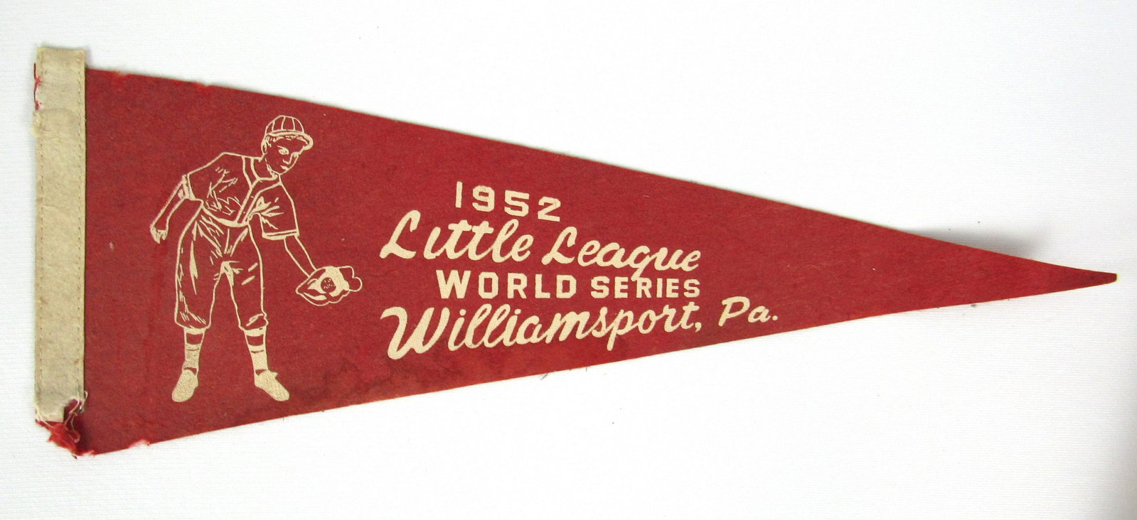 1952 Little League Baseball Pennant: 1952 Little League World Series Baseball Pennant from Williamsburg, PA. In-house shipping available. Dimensions: 7 x 18