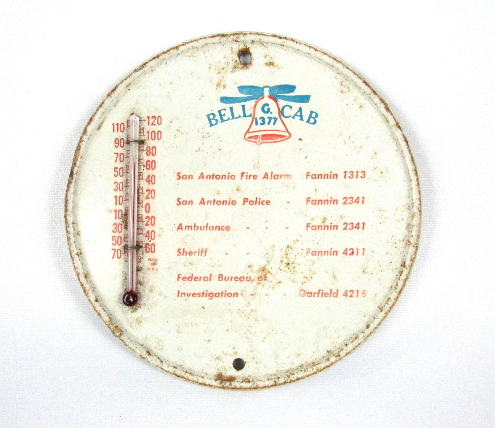 Early Bell Cab Thermometer: Early Bell Cab Thermometer, includes number for FBI. In-house shipping available. Dimensions: 6 x 6