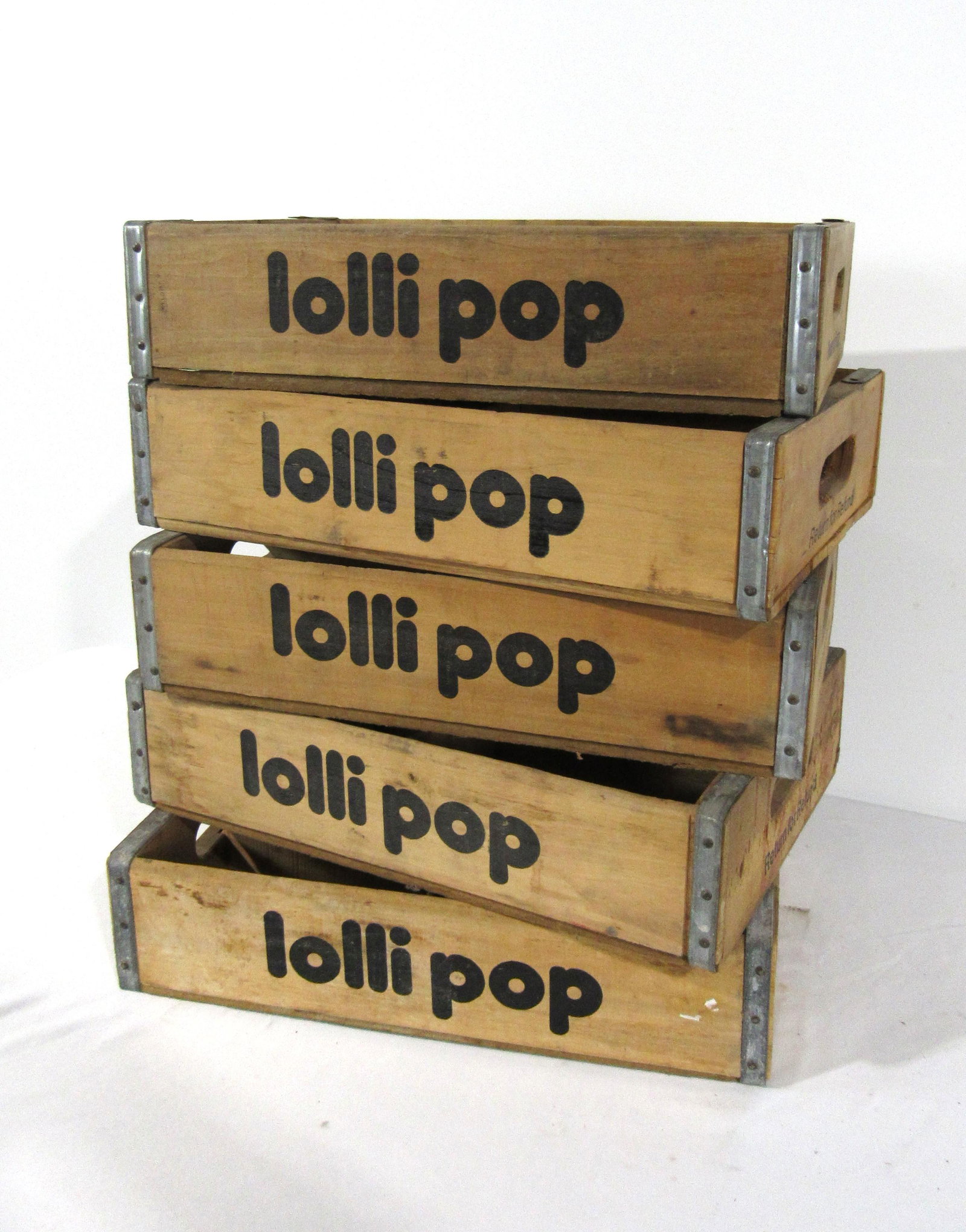 Five Lollipop Wooden Soda Crates: Five Lollipop Wooden Soda Crates. This item requires third party shipping or pickup arrangements to be made. Dimensions for one: 4 x 12 x 17.5