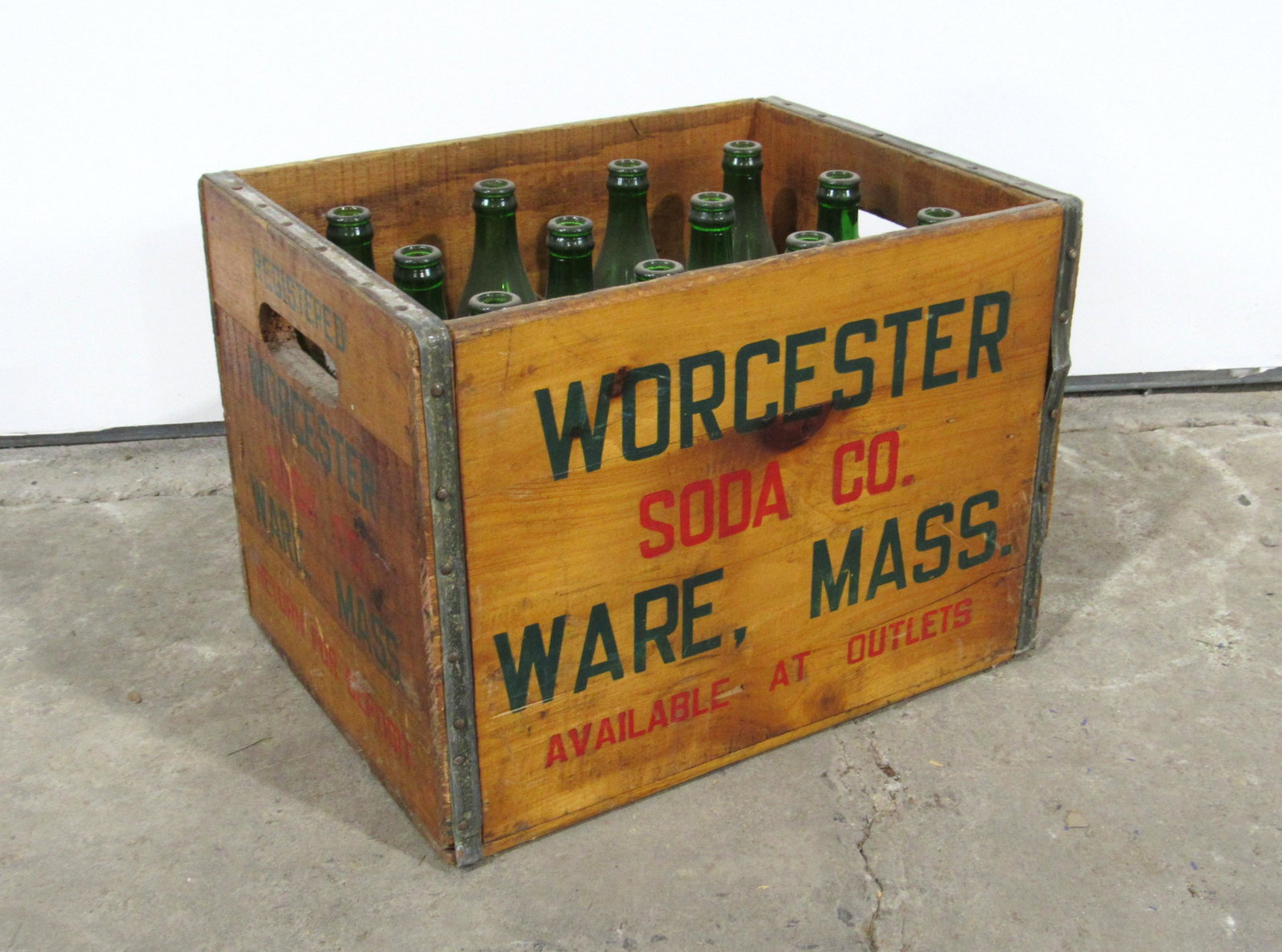 Worcester Soda Crate with Bottles: Worcester Soda Crate with Bottles from Ware, Massachusetts. This item requires third party shipping or pickup arrangements to be made. Dimensions of Crate: 12.5 x 16.5 x 12.5
