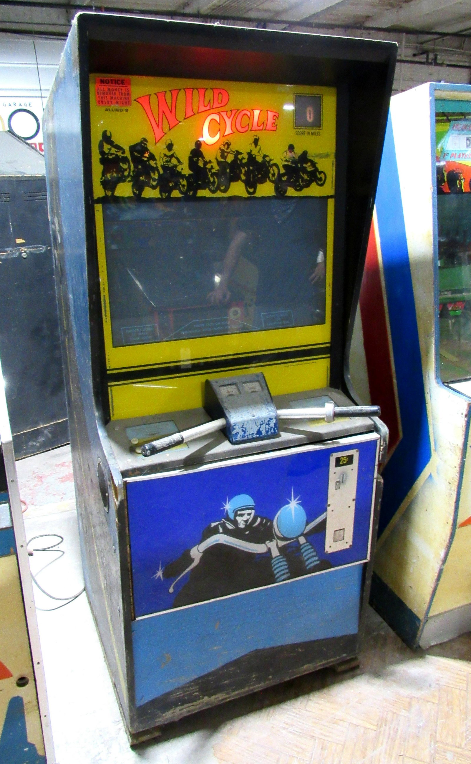Amusement Park Motorcycles by Hampton Amusement Corp.: Allied Wild Cycle Motorcycle Racing Coin Operated Arcade Game, non-working. This item requires third party shipping or pickup arrangements to be made. Dimensions: 73 x 30 x 35