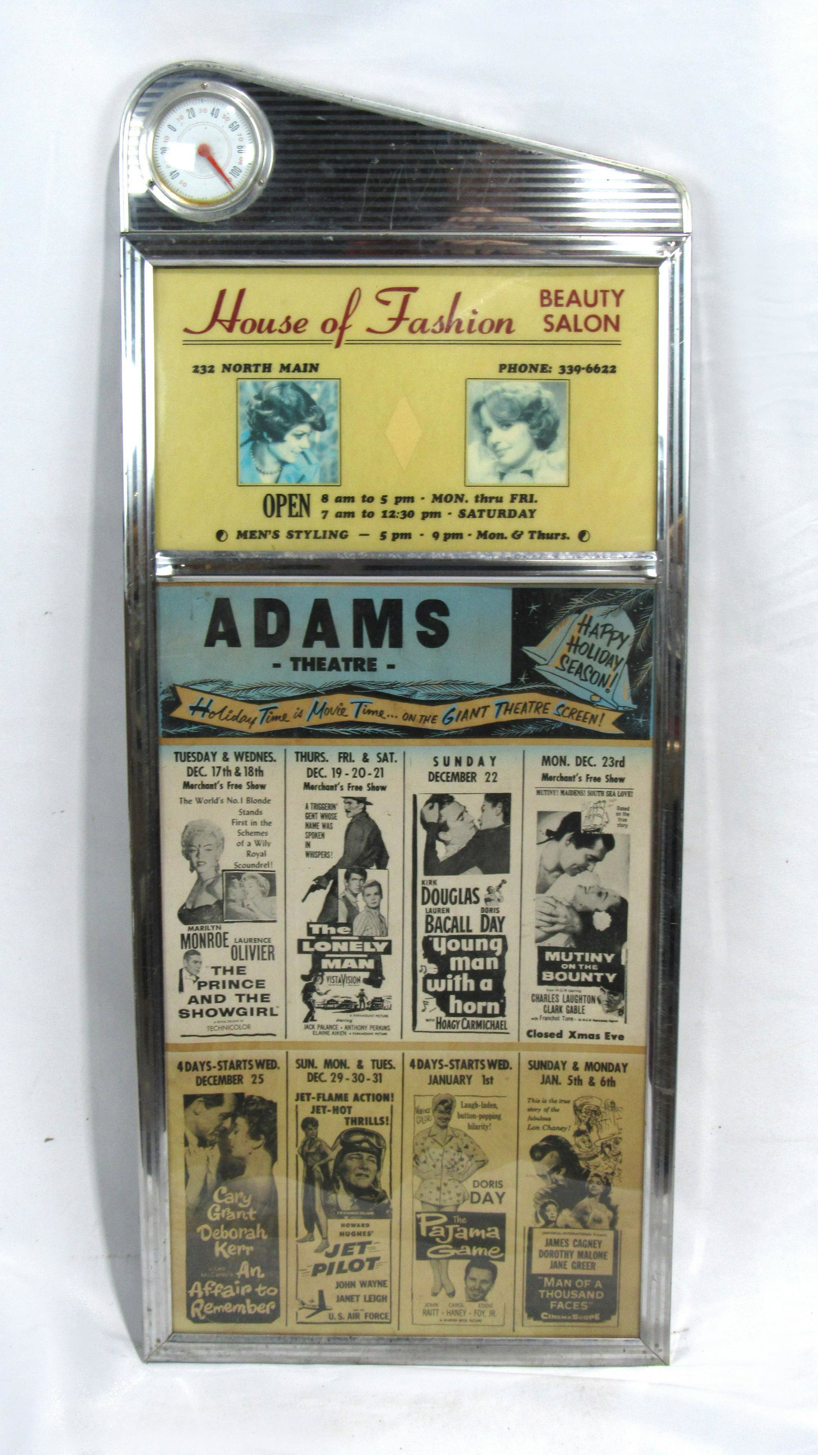 Adams Movie Theater Framed Marquee Sign: Adams Movie Theater Framed Advertisement. This item requires third party shipping or pickup arrangements to be made. Dimensions: 37 x 16 x 1