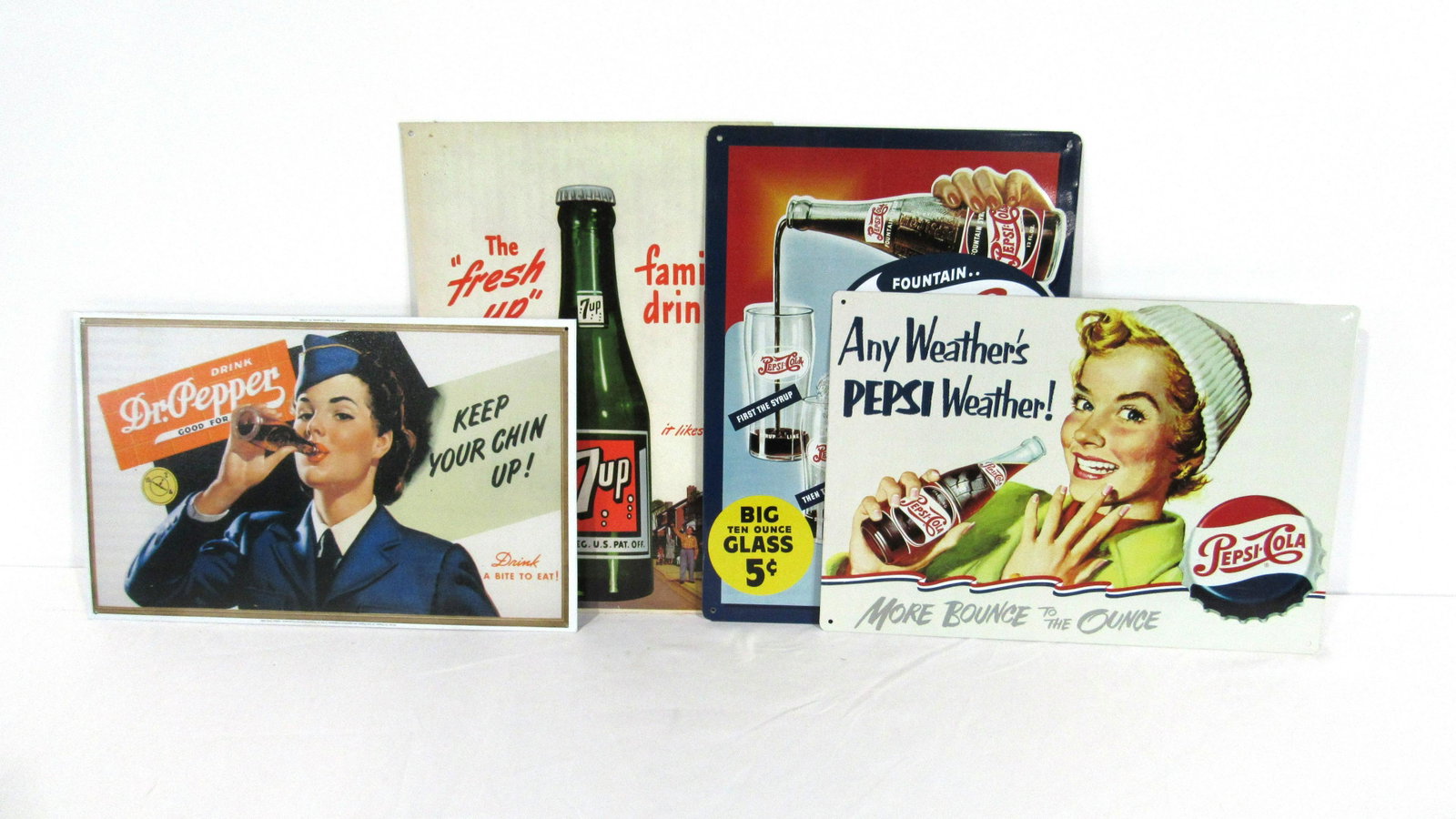 Four Assorted Soda Advertising Signs, including Pepsi: Four Assorted Metal Soda Advertising Signs, reproduction / newer. In-house shipping available. Dr. Pepper measures: 11 x 17