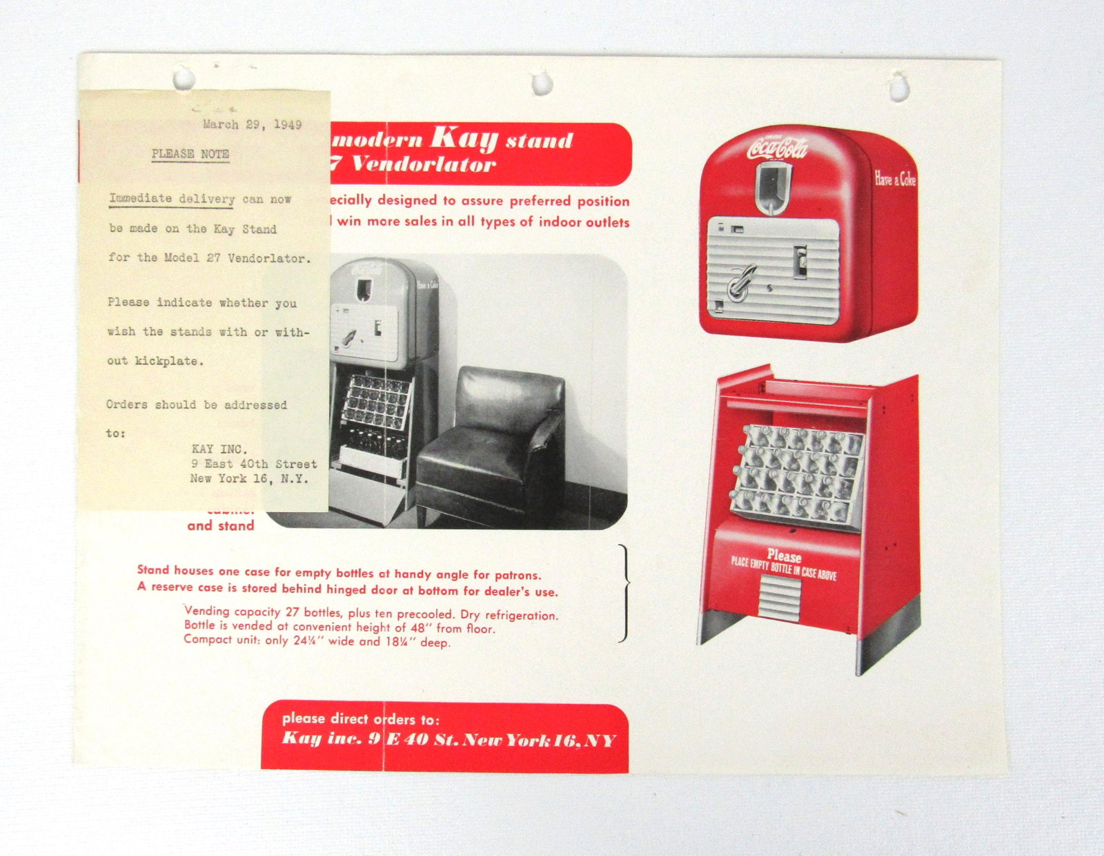 Kay Stand Advertising Flyer for Vendolator 27 Coca Cola: Kay Stand Advertising Flyer for Vendolator "27" Coca Cola Cooler, three-hole punched. In-house shipping available.