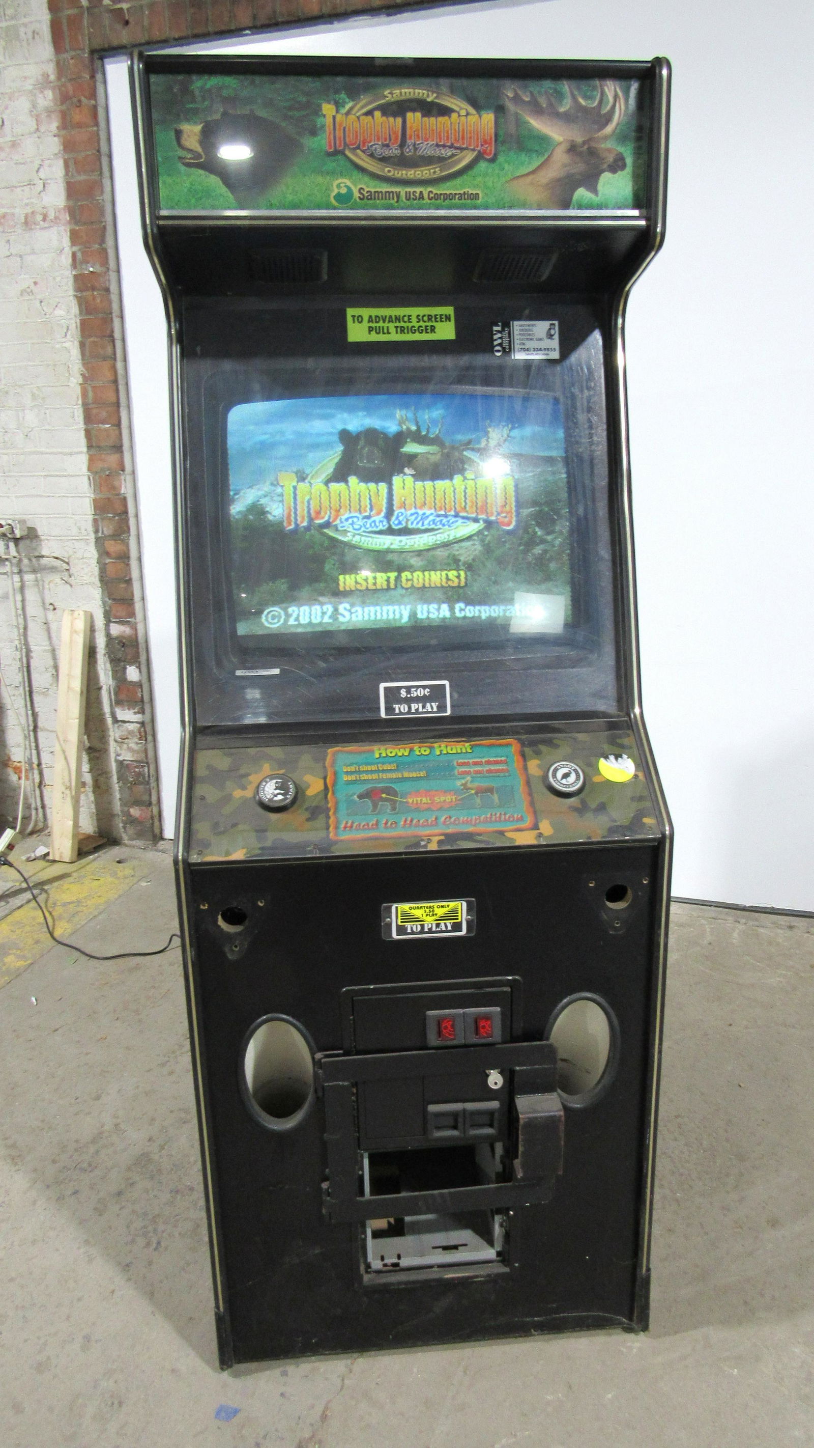 Sammy Trophy Hunting Bear & Moose Arcade Game: Sammy Trophy Hunting Bear & Moose Arcade Game, powers on. Sold as-is, missing parts. This item requires third party shipping or pickup arrangements to be made. Dimensions: 73 x 27 x 34
