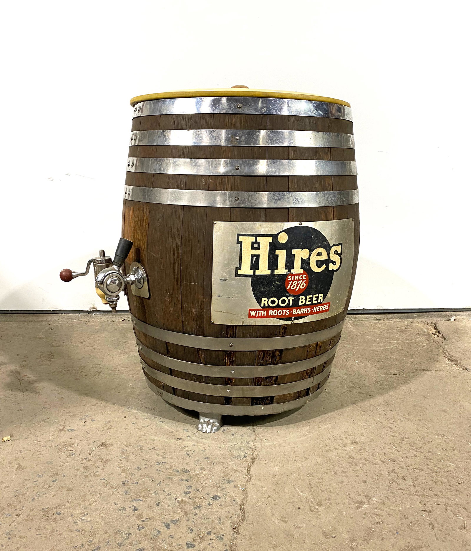 Original Hires Root Beer Barrel: Original Hires Root Beer Barrel with three removable signs. This item requires third party shipping or pickup arrangements to be made. Dimensions: 33 x 32 x 28