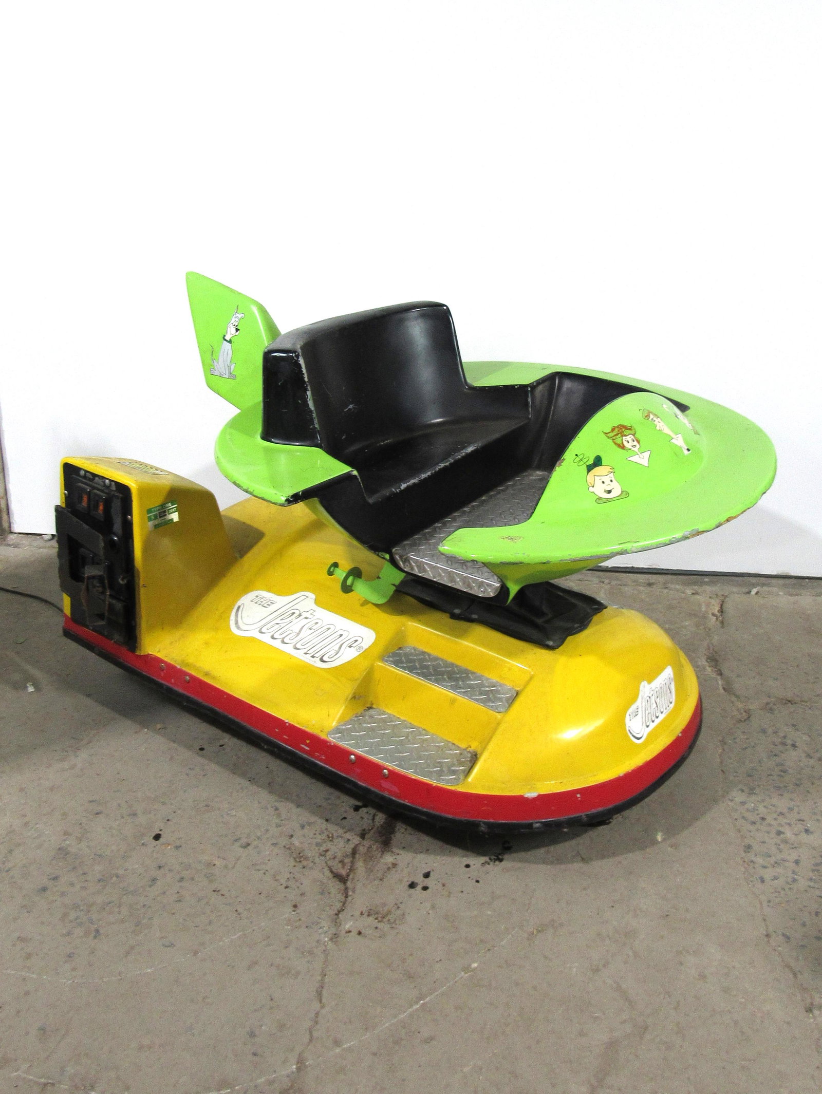 The Jetsons Coin Operated Kiddie Ride: The Jetsons Coin Operated Kiddie Ride, Not working. This item requires third party shipping or pickup arrangements to be made. Dimensions: 41 x 43 x 63