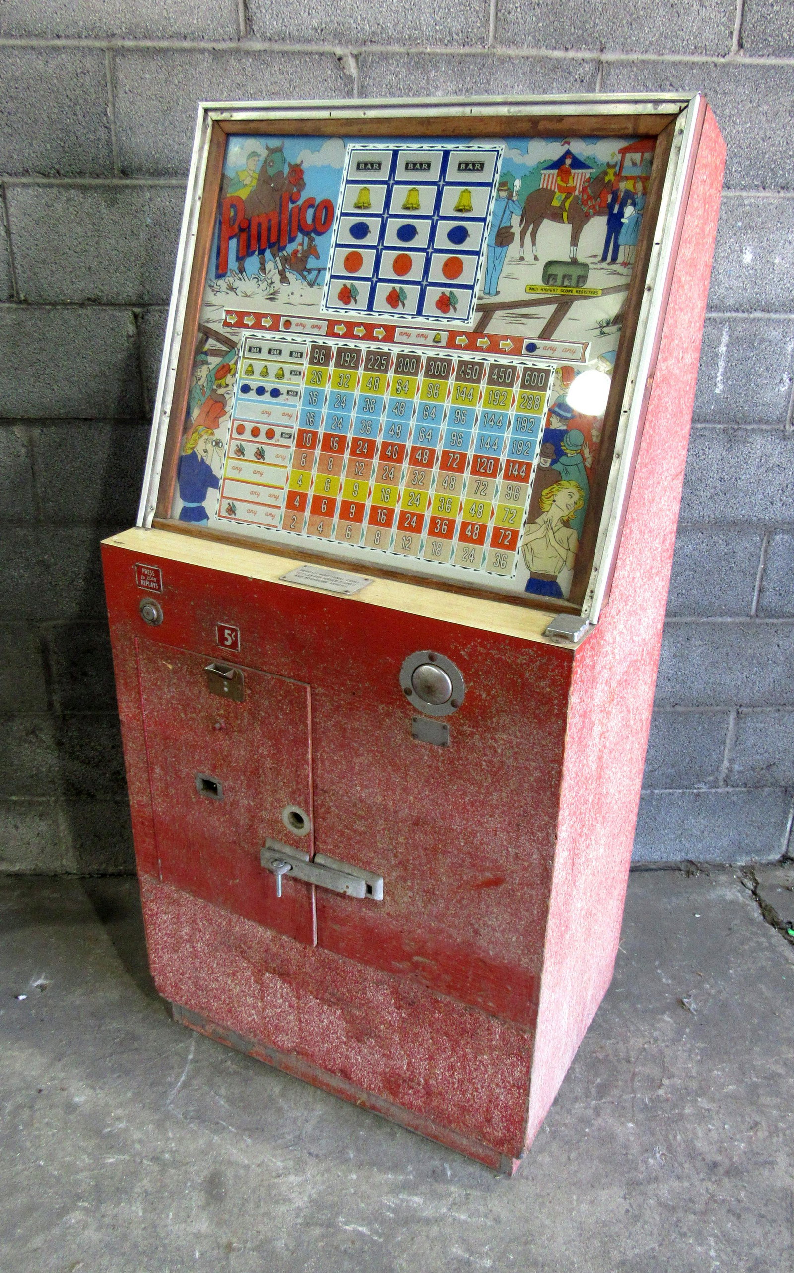Pimlico Coin Operated Gambling Arcade Game: Pimlico Coin Operated Gambling Arcade Game. Untested sold as-is. This item requires third party shipping or pickup arrangements to be made. Dimensions: 60 x 28 x 20