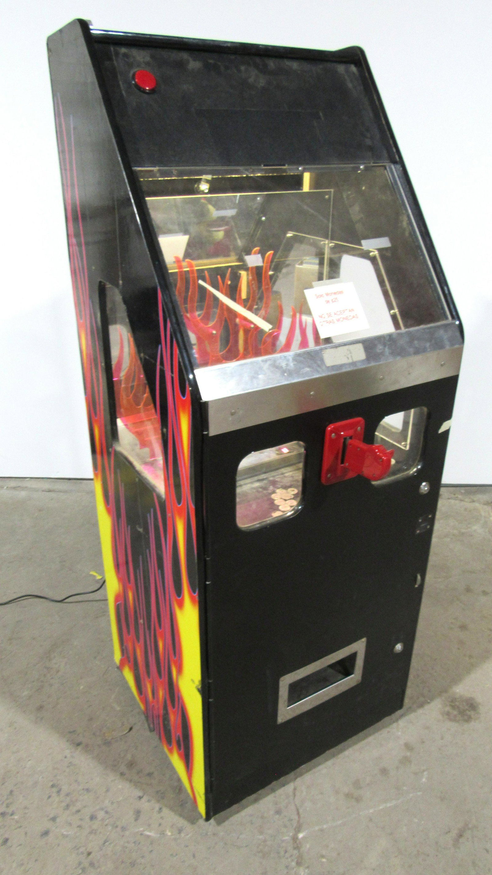 Coin Operated Coin Pusher Arcade Game: Coin Operated Coin Pusher Arcade Game. Alarm sounds when plugged in, not otherwise tested. Needs cleaning. This item requires third party shipping or pickup arrangements to be made. Dimensions: 63 x 2