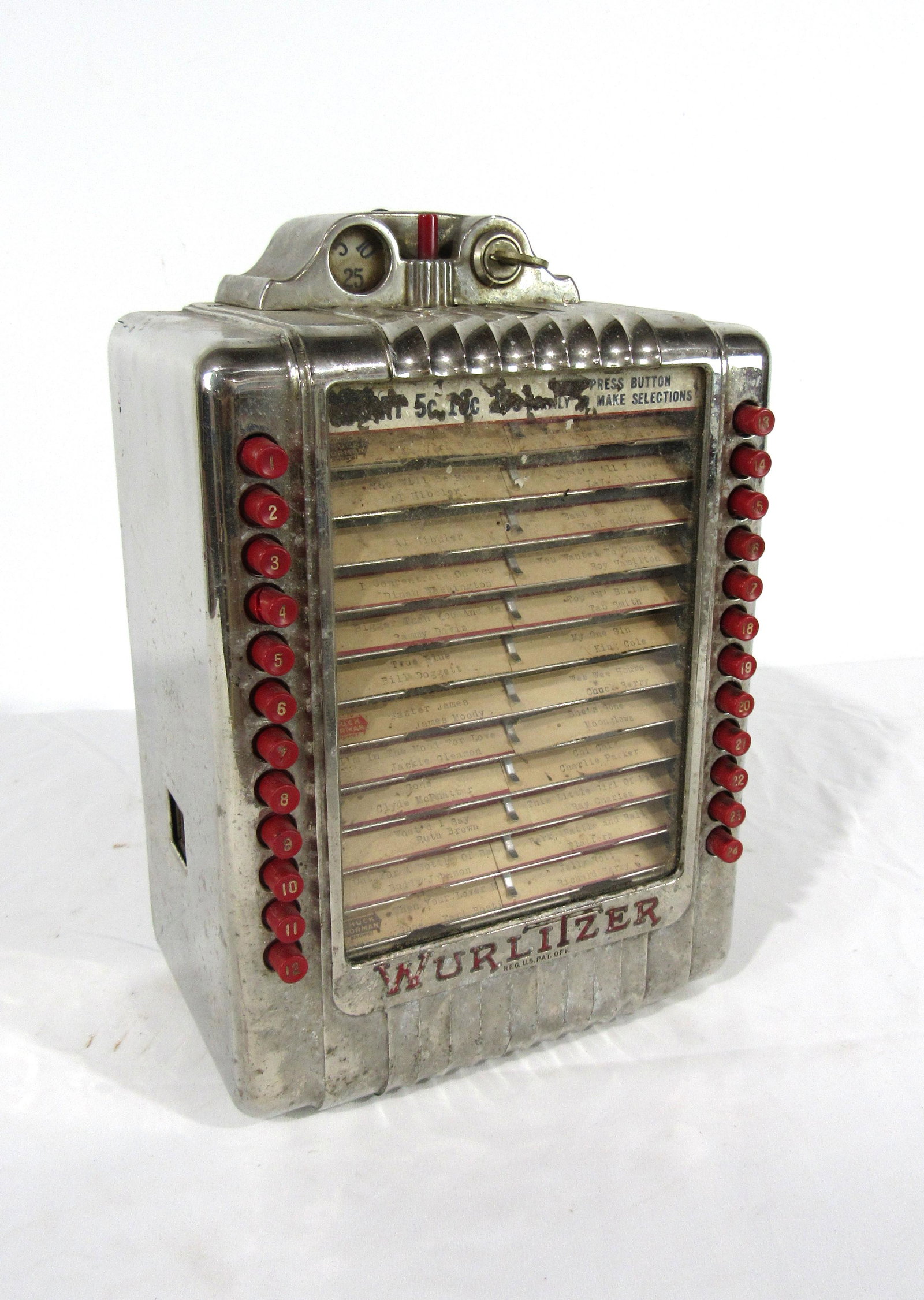 Wurlitzer Coin Operated Wallbox: Wurlitzer Coin Operated Wallbox, with key. This item requires third party shipping or pickup arrangements to be made. Dimensions: 13 x 9 x 7