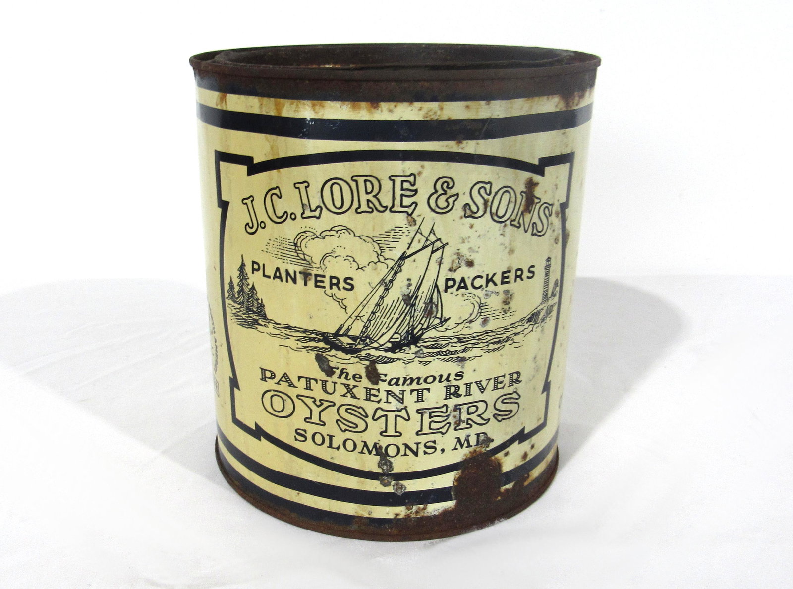 J.C. Lore & Sons Oyster Can from Solomons, MD: J.C. Lore & Sons Oyster Can from Solomons, MD. In-house shipping available. Dimensions: 7.5 x 7 x 7