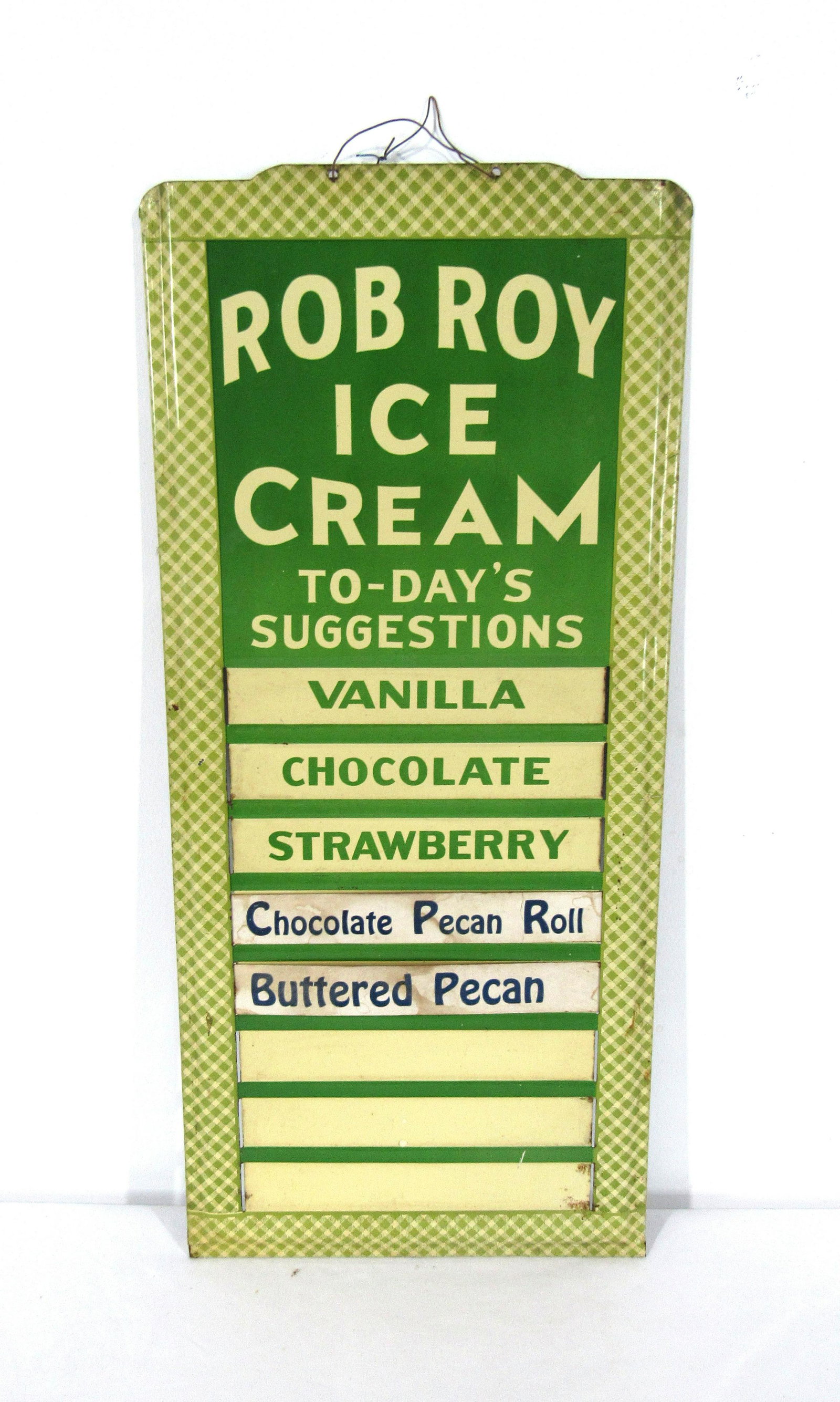 Rob Roy Ice Cream Menu Board Advertising Sign: Rob Roy Ice Cream Menu Board Advertising Sign. In-house shipping available. Dimensions: 19 x 9