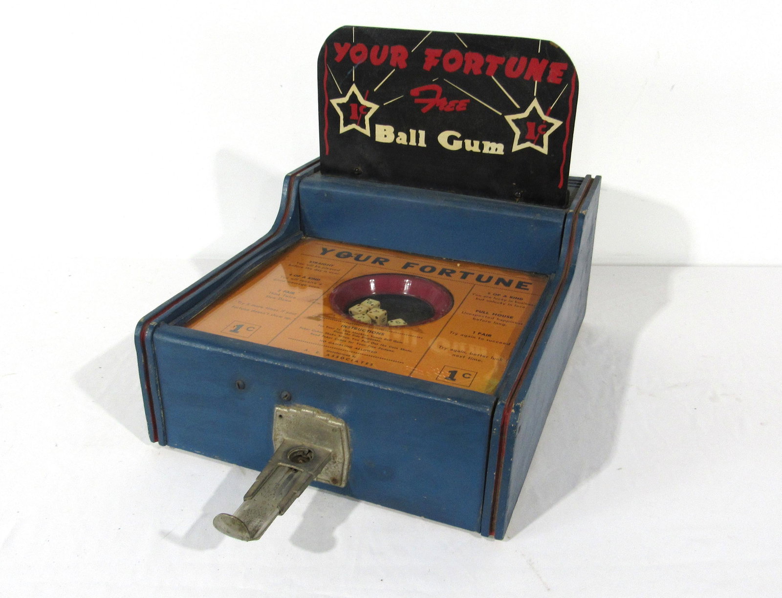 Your Fortune Tabletop 1 Cent Gambling Arcade Game: Your Fortune Tabletop 1 Cent Gambling Arcade Game by A.E. Associates. Untested. Locked, no key. This item requires third party shipping or pickup arrangements to be made. Dimensions: 15 x 16 x 23
