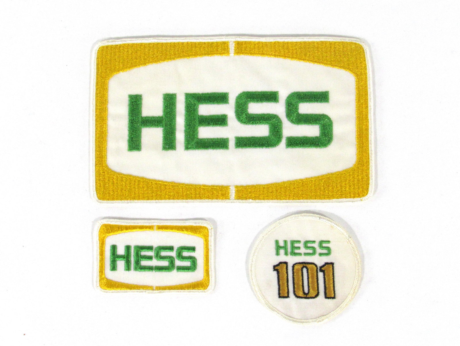 Three HESS Gasoline/ Diesel Advertising Patches: Three HESS Gasoline/ Diesel Advertising Patches. In-house shipping available. Dimensions of one: 8 x 5