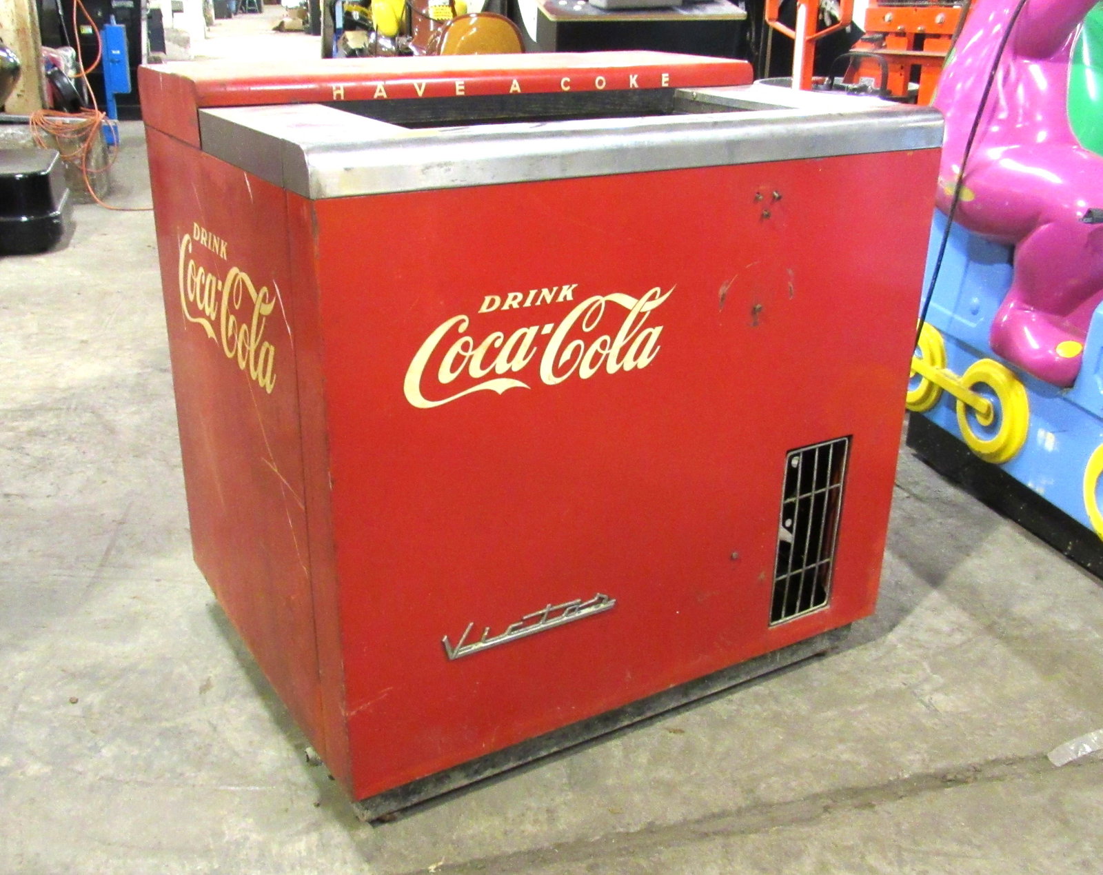Coca Cola Victor Chest Cooler: Coca Cola Victor Chest Cooler. Sold as is, for restoration.This item requires third party shipping or pickup arrangements to be made. Dimensions: 35 x 35 x 28