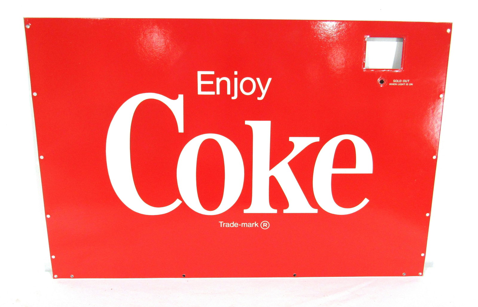Coca Cola Enjoy Coke Cooler Metal Front Sign, NOS: Coca Cola Enjoy Coke Cooler Metal Front Sign, NOS. This item requires third party shipping or pickup arrangements to be made. Dimensions: 18.5 x 28