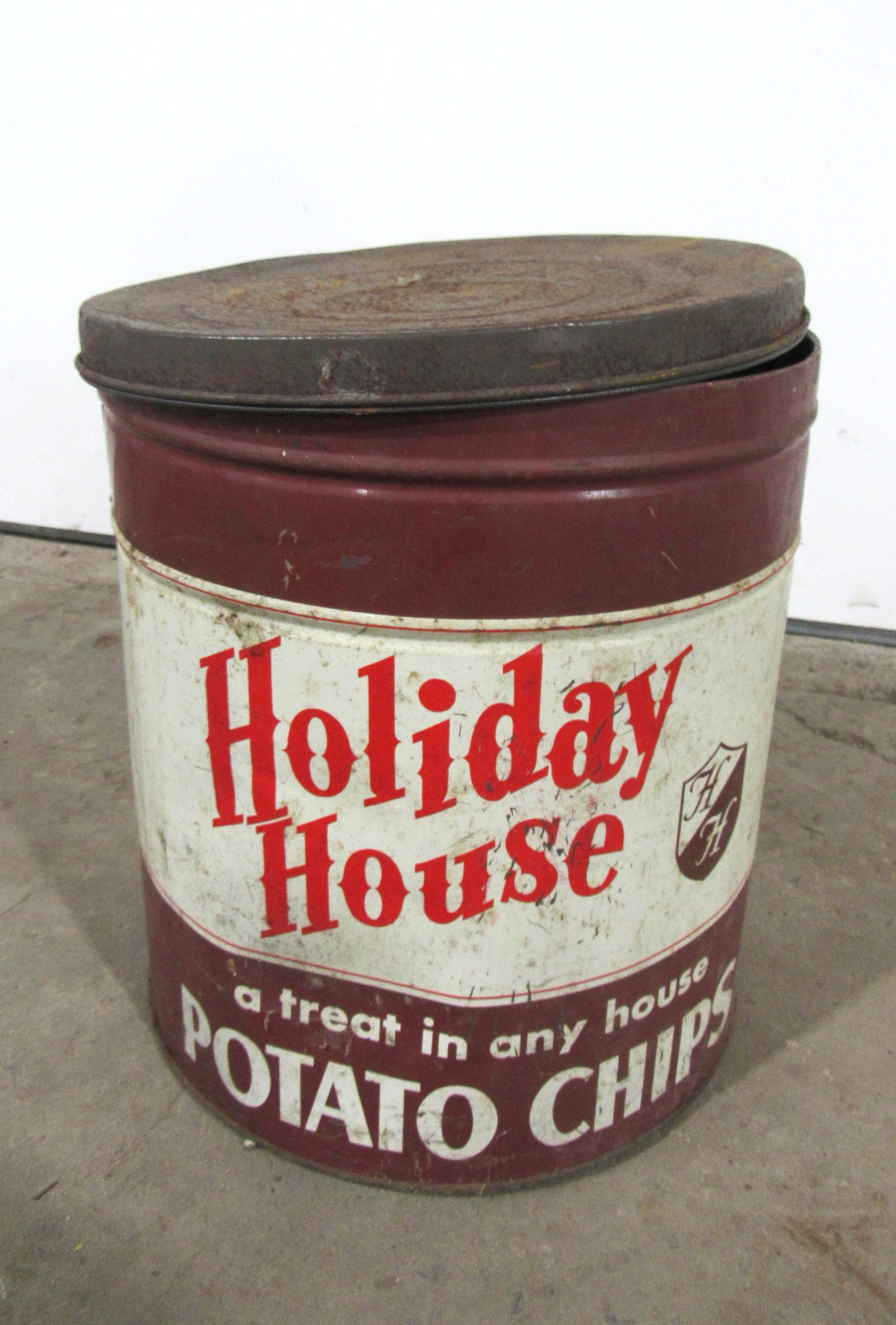 Large Vintage Holiday House Potato Chip Can: Large Vintage Holiday House Potato Chip Can. In-house shipping available. Dimensions: 14 x 13 x 13