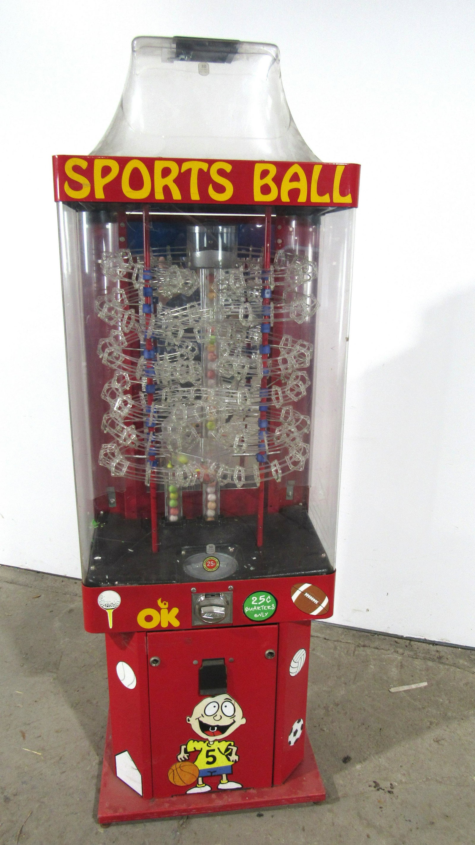 Rugrats Themed Sports Ball Gumball Vending Machine: Rugrats Themed Coin Operated Sports Ball Gumball Vending Machine, Lot 2. Locks not included. This item requires third party shipping or pickup arrangements to be made. Dimensions: 69x 23 x 14