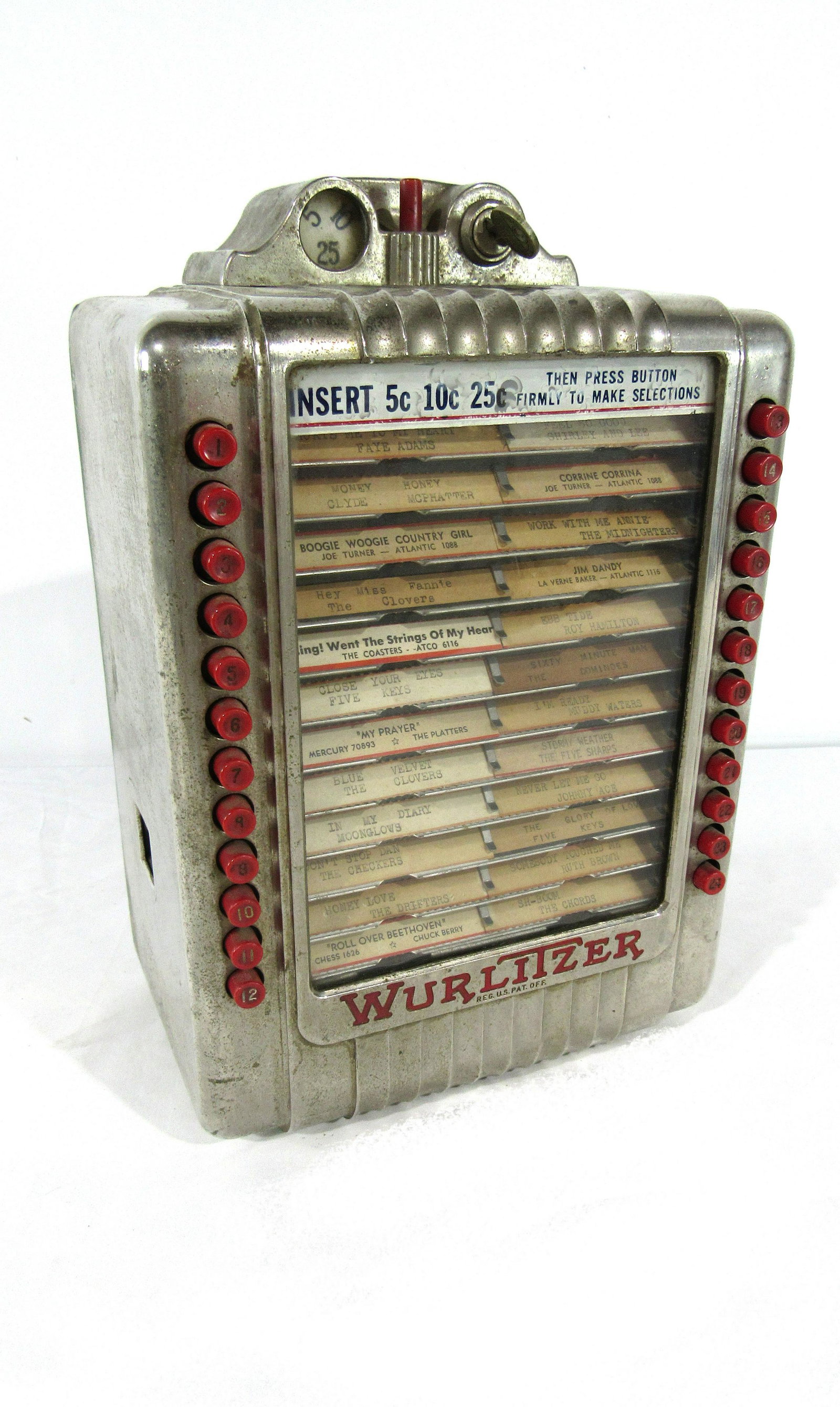 1946 Wurlitzer Coin Operated Wallbox with Key: 1946 Wurlitzer Coin Operated Wallbox with Key. This item requires third party shipping or pickup arrangements to be made. Dimensions: 14 x 9 x 6