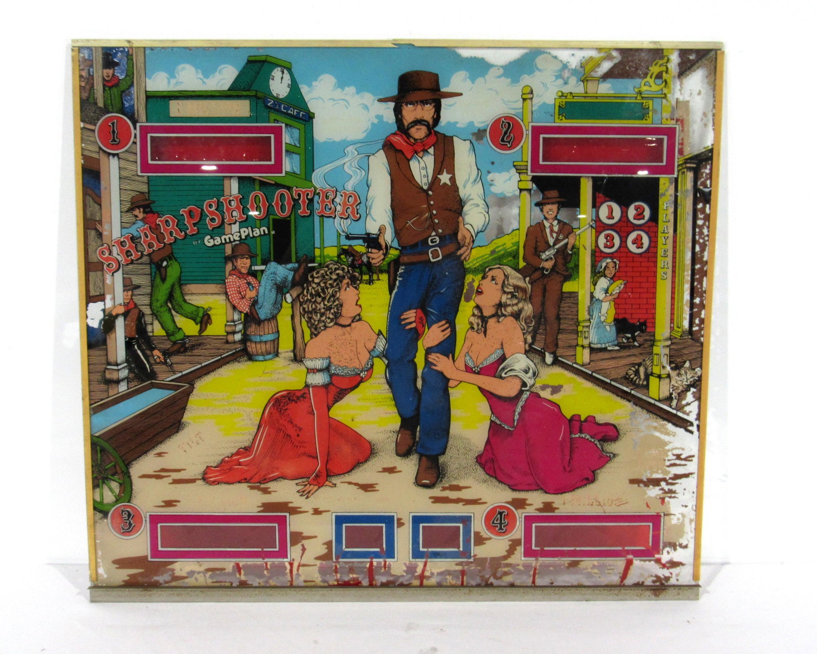 Game Plan Sharp Shooter Pinball Backglass: Game Plan Sharp Shooter Pinball Backglass. Local pickup only. Dimensions: 26 x 28.5