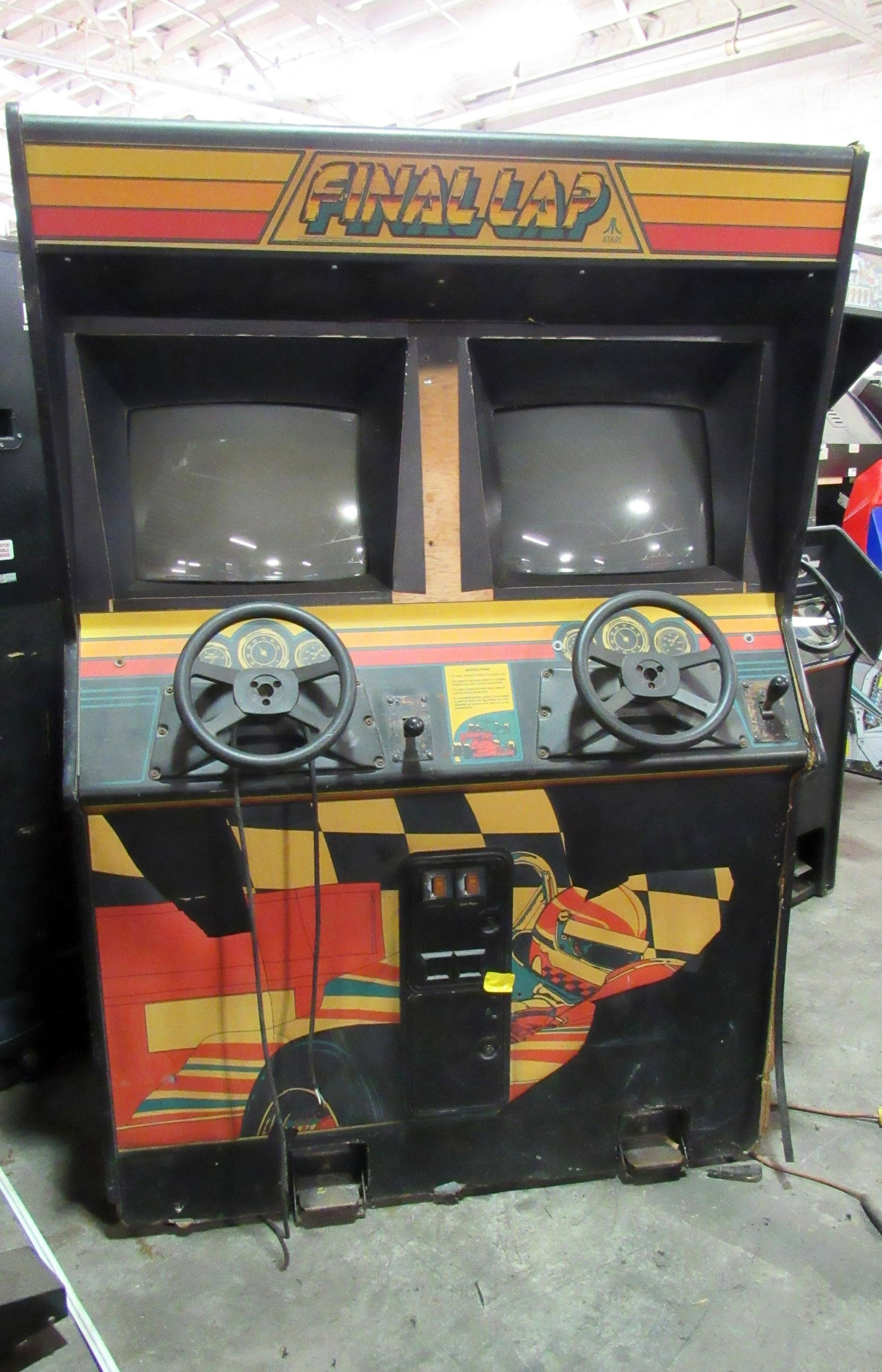 Namco Final Lap Stand Up Racing Arcade Game: Namco Final Lap Stand Up Racing Arcade Game, appears complete. Untested, no cord end. This item requires third party shipping or pickup arrangements to be made. Dimensions: 72 x 50 x 35