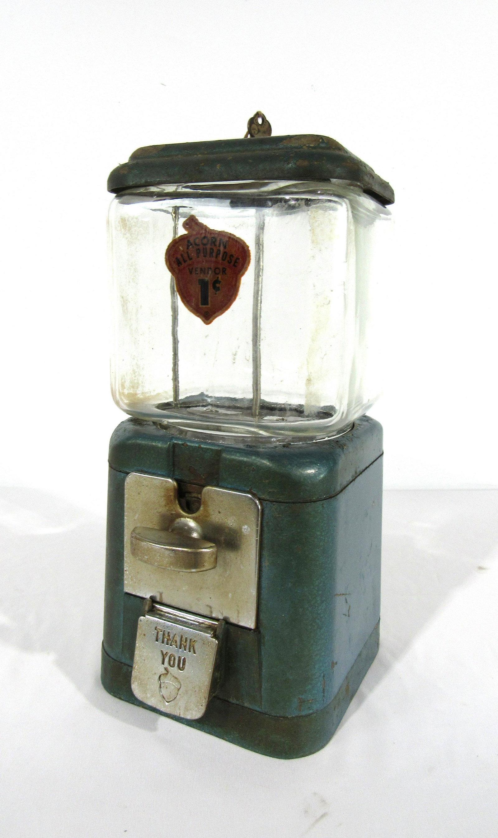 Blue Acorn Glass Globe 1 Cent Gumball Vending Machine: Blue Acorn Glass Globe 1 Cent Gumball Vending Machine. This item requires third party shipping or pickup arrangements to be made. Dimensions: 15 x 7 x 8