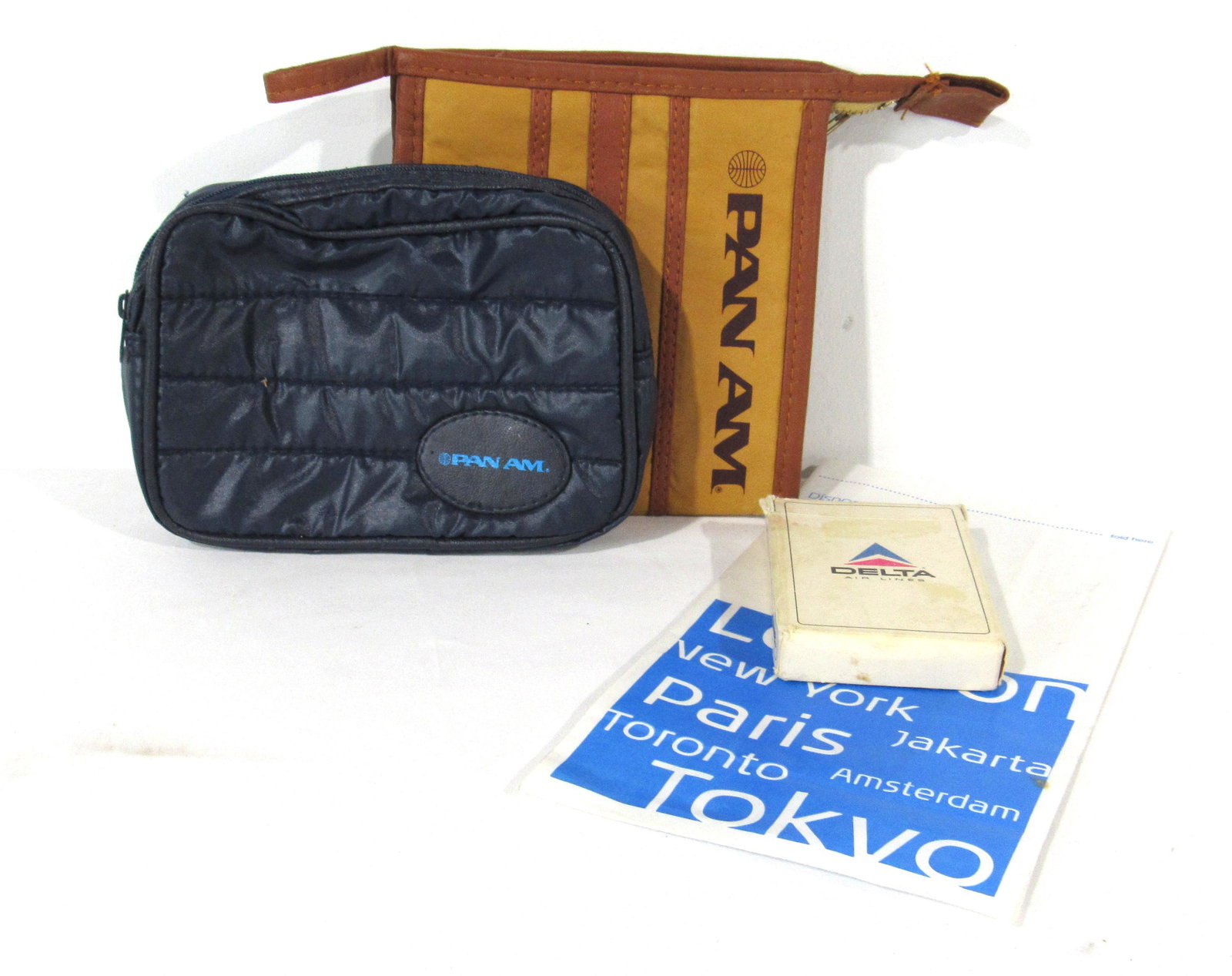 Vintage Airline Bags and Playing Cards including Pan Am: Vintage Airline Bags and Playing Cards including Pan Am. In-house shipping available. Dimensions of one bag: 7 x 5 x 2