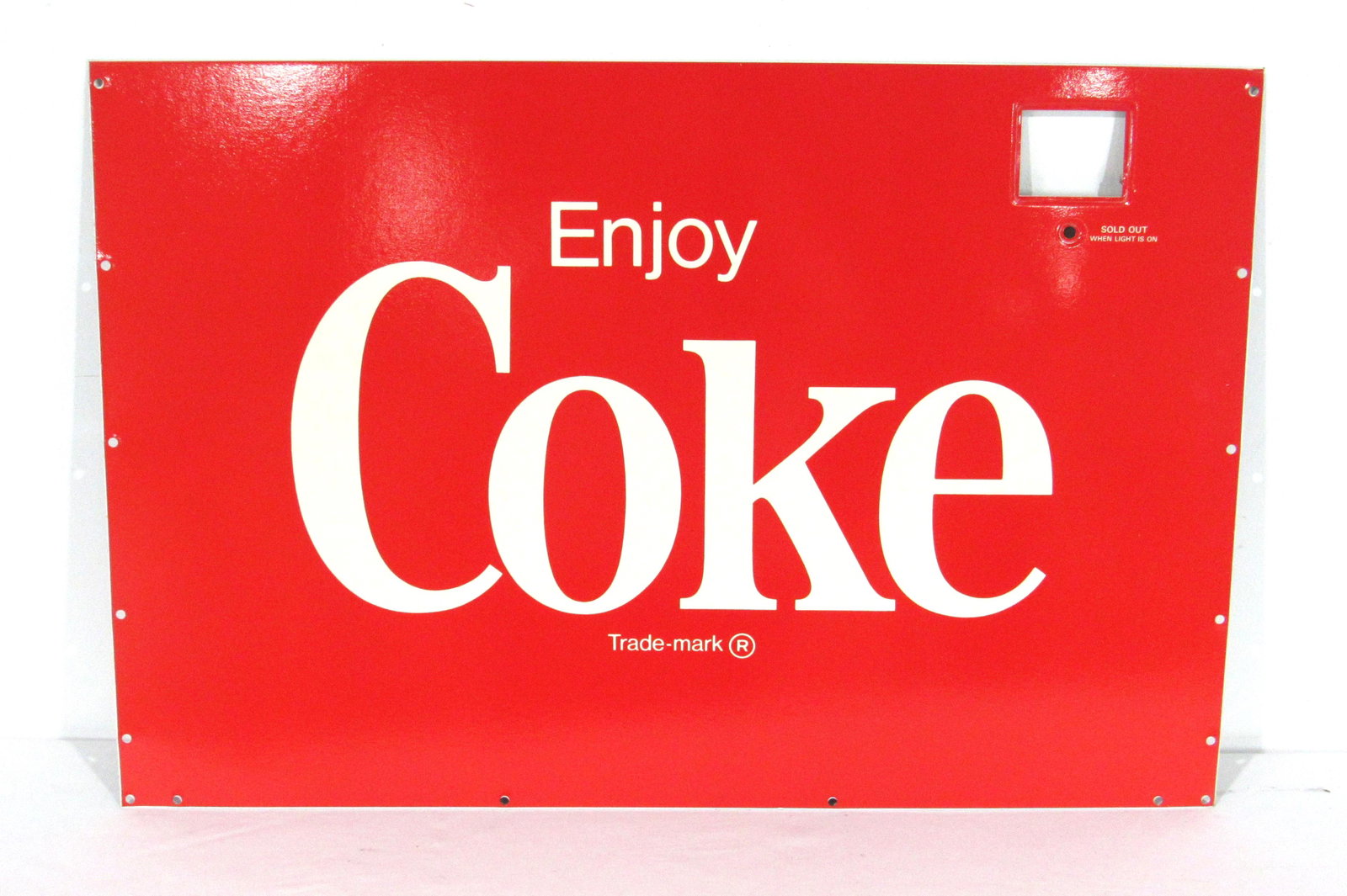 Coca-Cola "Enjoy Coke" Cooler Metal Front Sign, NOS: Coca-Cola "Enjoy Coke" Cooler Metal Front Sign, NOS. This item requires third party shipping or pickup arrangements to be made. Dimensions: 18.5 x 28