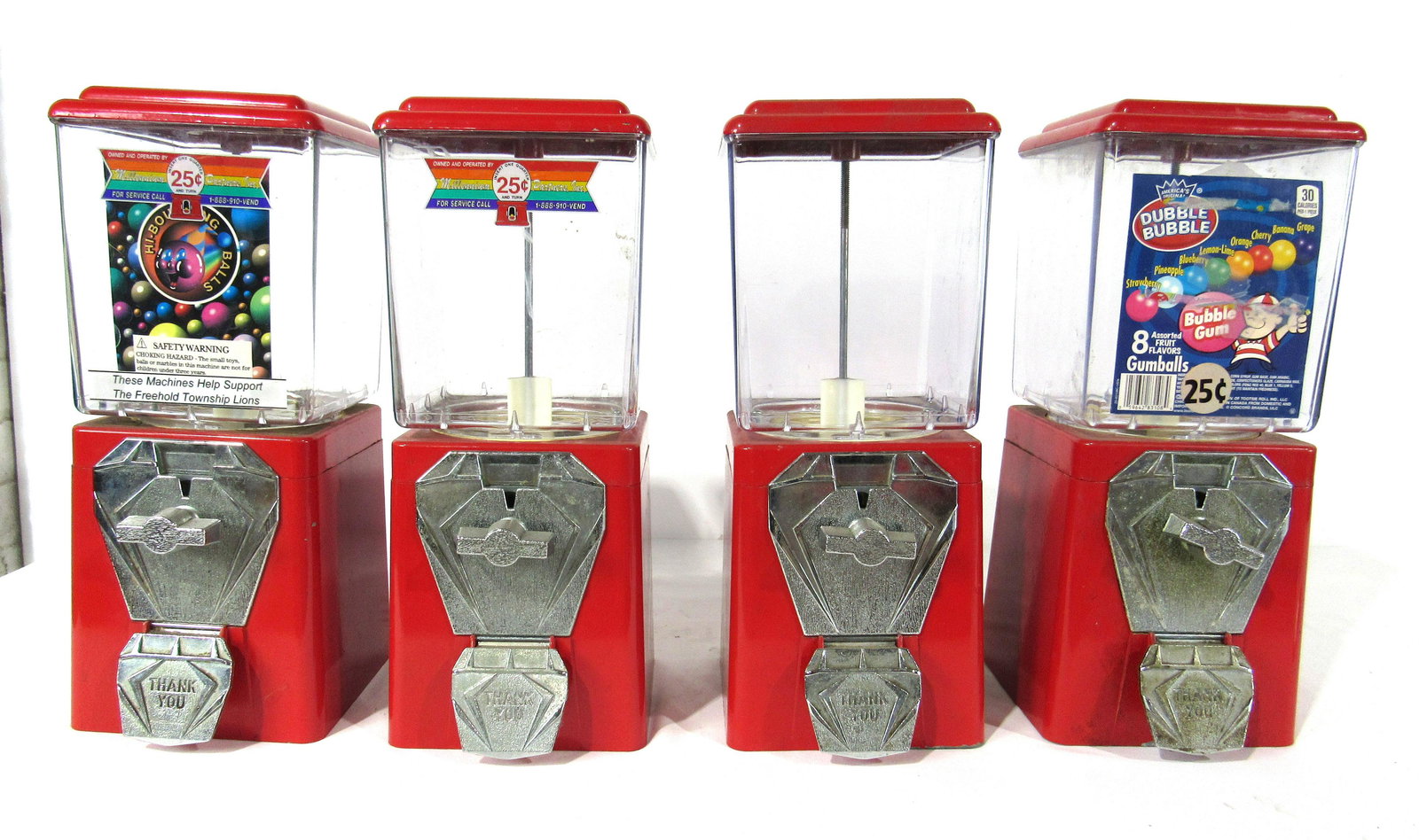 Four 25 Cent Coin Operated Gumball Vending Machines: Four 25 Cent Coin Operated Gumball Vending Machines. No keys. This item requires third party shipping or pickup arrangements to be made. Dimensions: 16 x 7 x 8