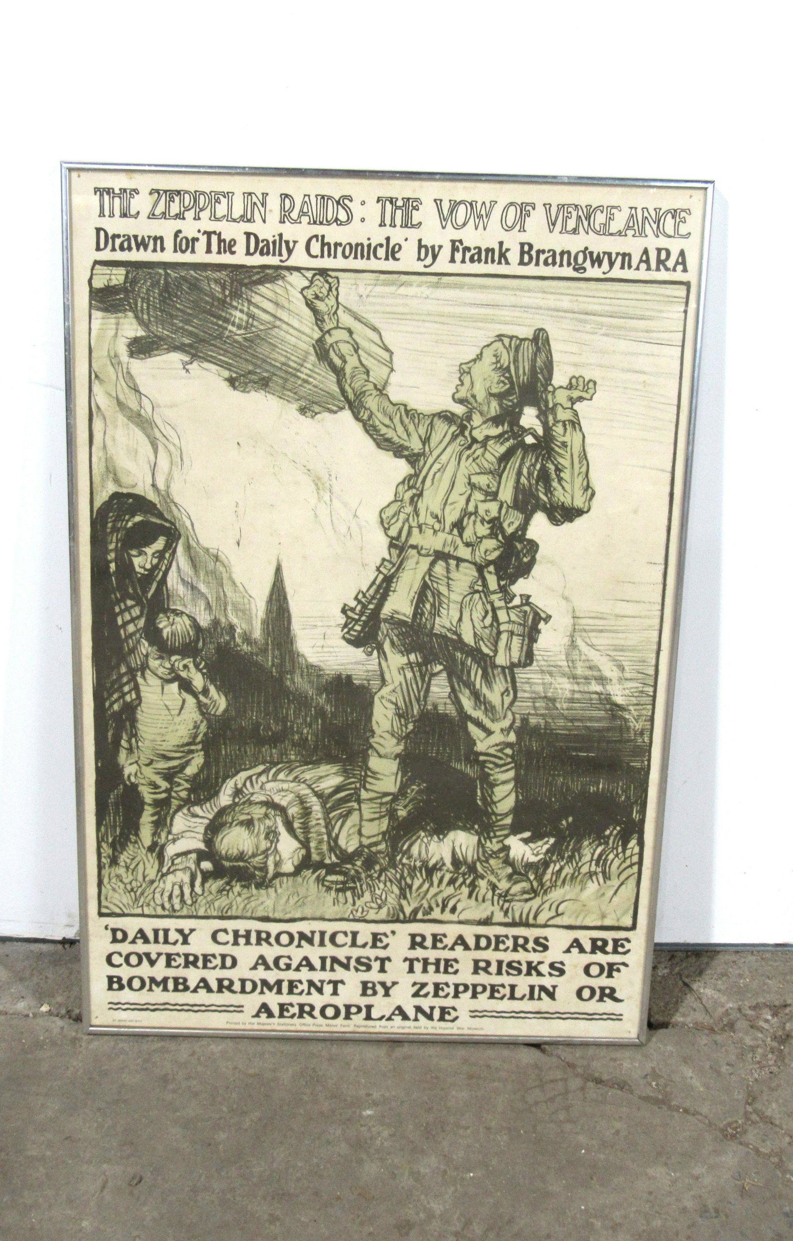 Repro War Poster, Zeppelin Raids: The Vow of Vengeance: Reproduction War Poster, Zeppelin Raids: The Vow of Vengeance, framed. Reproduced from an original held by The Imperial War Museum. This item requires third party shipping or pickup arrangements to be