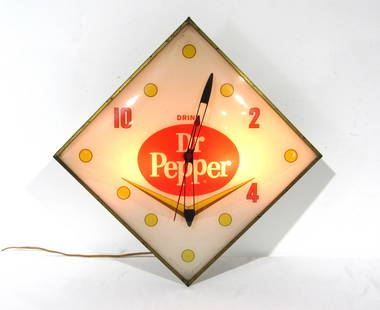 Drink Dr. Pepper Pam Clock: Drink Dr. Pepper Pam Clock with Glass front, working. This item requires third party shipping or pickup arrangements to be made. Dimensions: 15.5 x 15.5 x 5