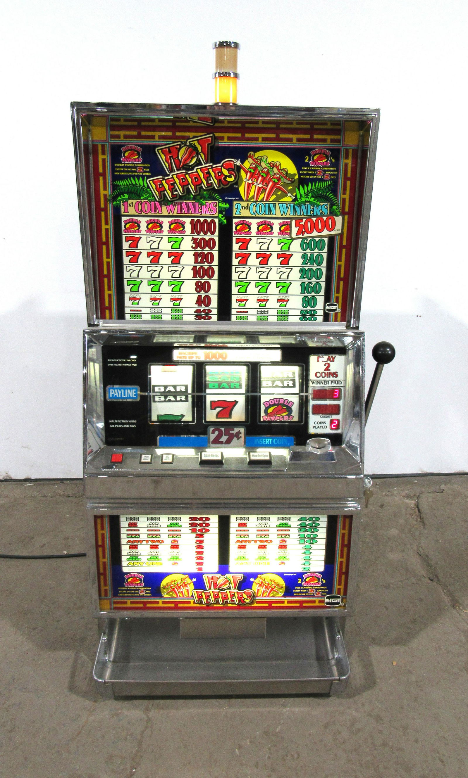 IGT Hot Peppers Coin Operated Slot Machine: IGT Hot Peppers Coin Operated Slot Machine. Working. This item requires third party shipping or pickup arrangements to be made. Dimensions: 53 x 25 x 21