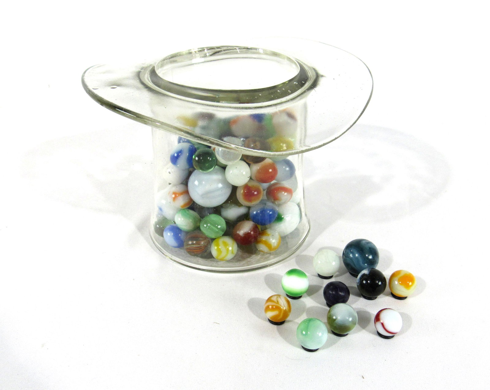 Lot of Machine Made Marbles in Glass Hat: Lot of Machine Made Marbles in Glass Hat. In-house shipping available. Dimensions of Hat: 4.5 x 7x 7