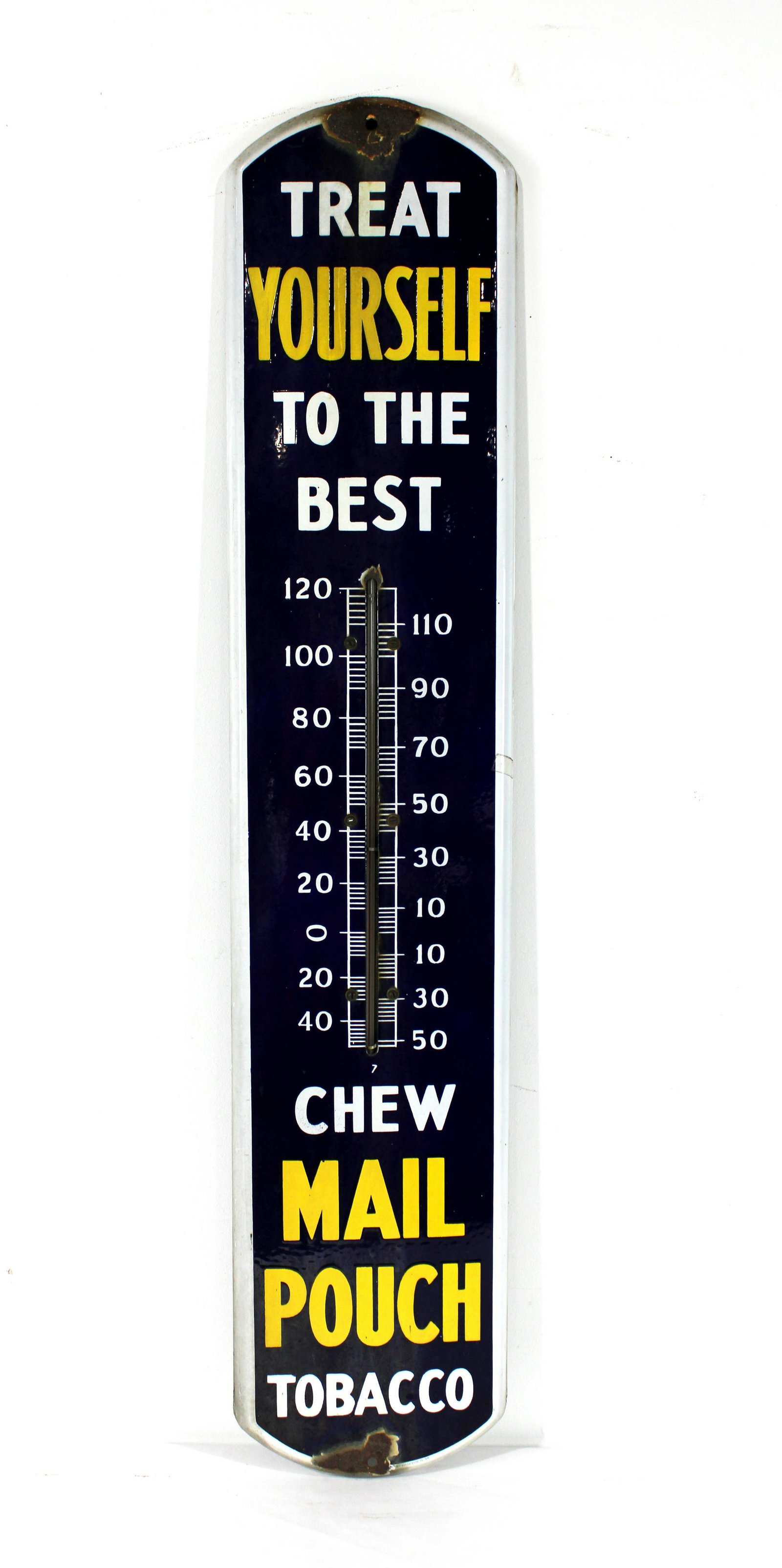 Chew Mail Pouch Tobacco Porcelain Thermometer: Chew Mail Pouch Tobacco Porcelain Thermometer. This item requires third party shipping or pickup arrangements to be made. Dimensions: 38.5 x 8 x 1