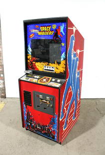 Midway Space Invaders Arcade Game: Midway Space Invaders Arcade Game, not working. No upper back door. This item requires third party shipping or pickup arrangements to be made. Dimensions: 68.5 x 26.5 x 34