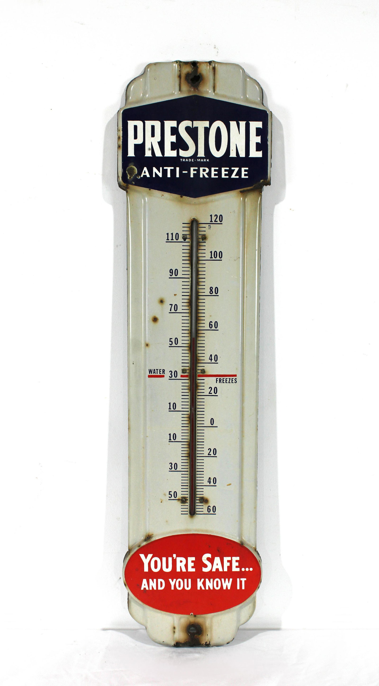Prestone Anti-Freeze Porcelain Thermometer: Prestone Anti-Freeze Porcelain Thermometer. In-house shipping available. Dimensions: 36 x 9 x 1